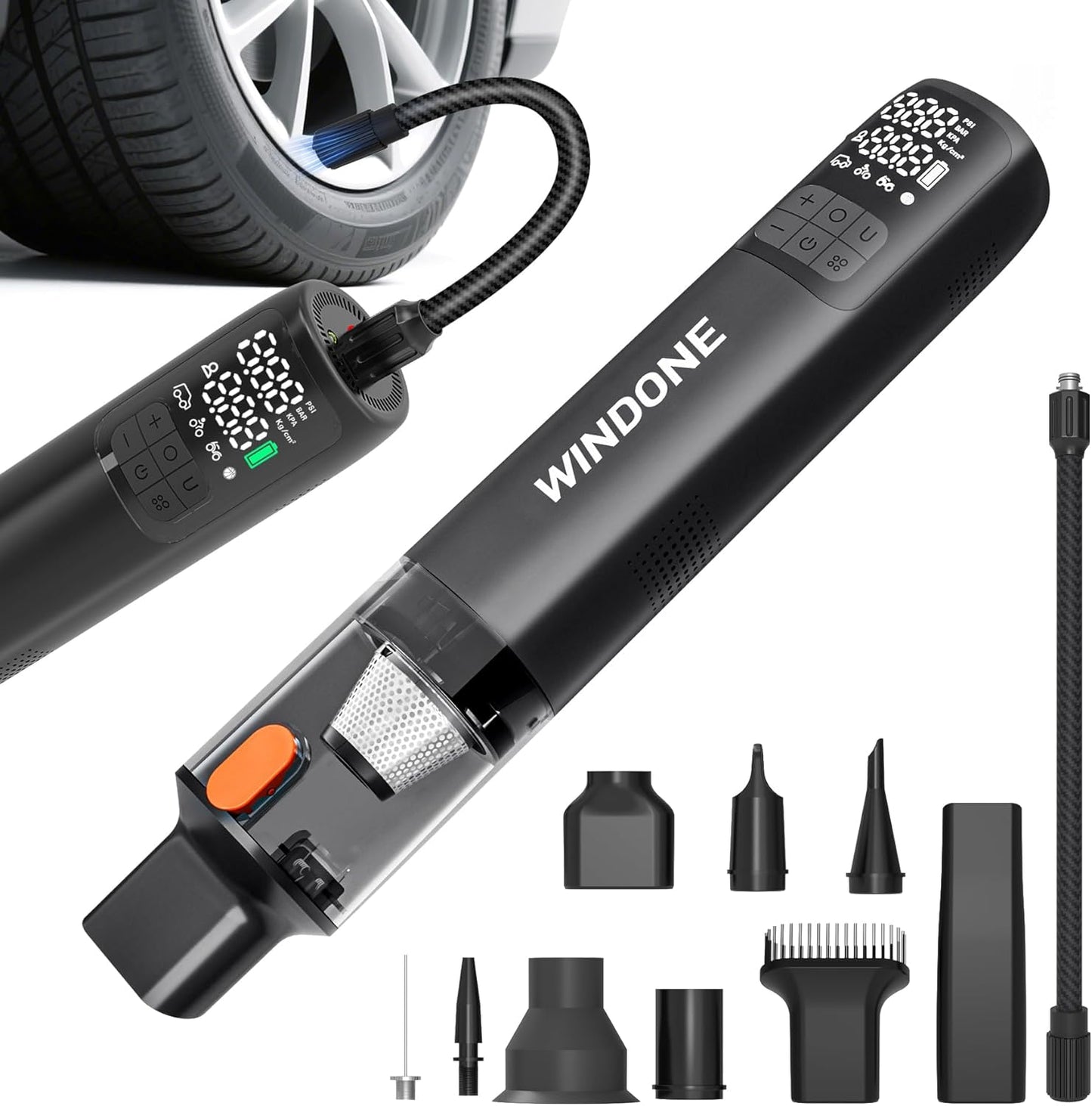 Windone Car Vacuum, 12000Pa 2-in-1 Cleaner & Tire Inflator 150PSI, 60W Brushless Motor, Cordless Handheld Vacuum & Air Pump with Pressure Gauge, LED Light, Multi-Nozzles for Car, Home, Office