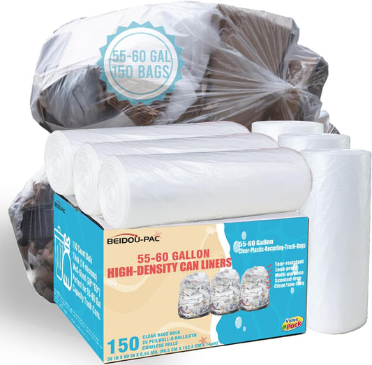 55-60 Gallon Trash Bags, 150 Count Bulk, Heavy Duty Clear Plastic Recycling Garbage Bags, Multi-purpose Can Liners for Business Home Commercial, Industrial Contractors, Storage, Outdoor