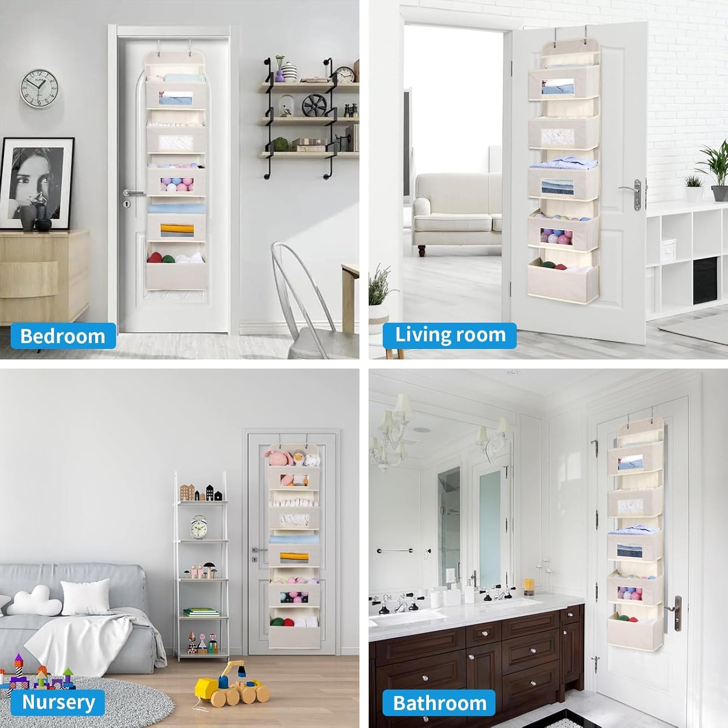 MAX Houser 5-Shelf Over The Door Hanging Organizer with 2 Metal Hooks, 5 Pocket Over The Door Wall Mount Storage with Clear Windows for Baby Nursery Bathroom Closet,Bedroom,Dorm,Diapers,Kids(Beige)