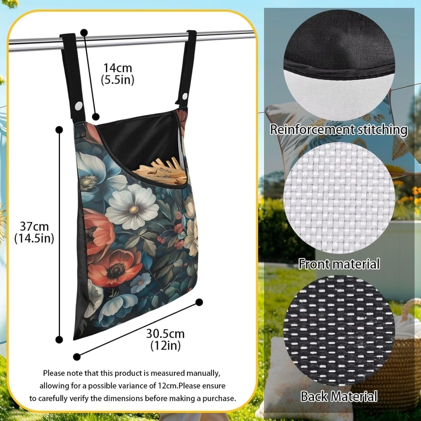 Art Flowers Clothes Pin Bag Holder - 14.5 x 12 Inch Lightweight Clothespin Bag for Easy Hang