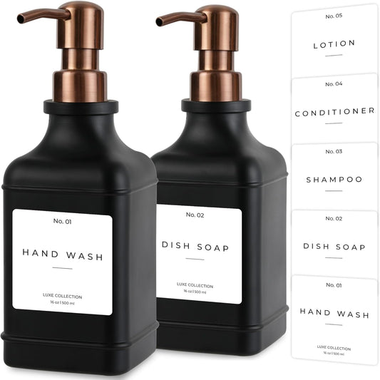 Emerson Essentials Soap Dispenser, Dish Soap Dispenser, Soap Bottle Bathroom Set, Stainless Steel Farmhouse, Kitchen Soap Dispenser Set - Glass Soap Dispenser with Pump and Labels, 16 Oz, 2 Pack