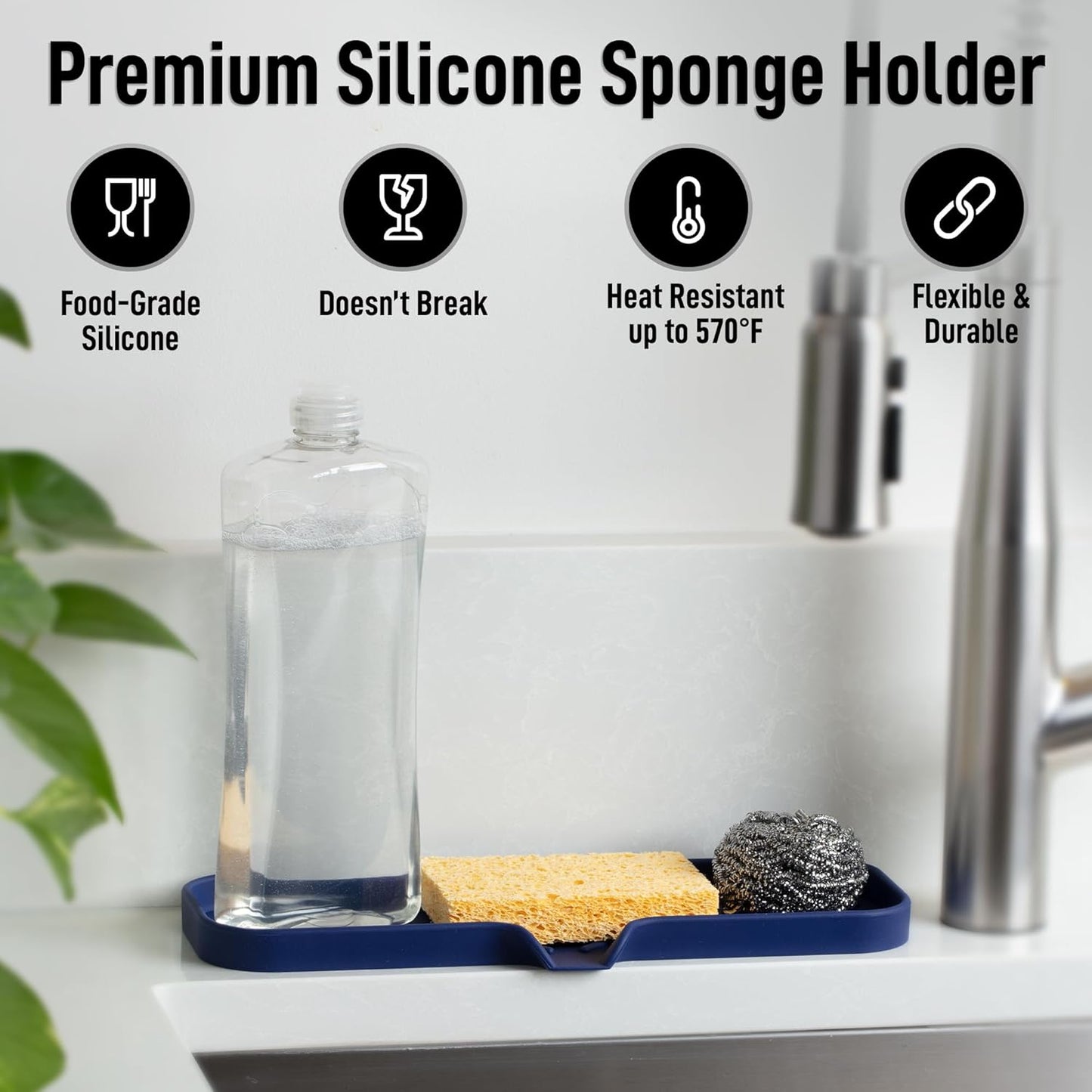 Zulay Kitchen Large Silicone Sponge Holder (12x4) – Flexible Sink Organizer Tray for Kitchen & Bathroom – Multipurpose Soap Dish for Sponges, Makeup, Trinkets & More (Dark Blue)