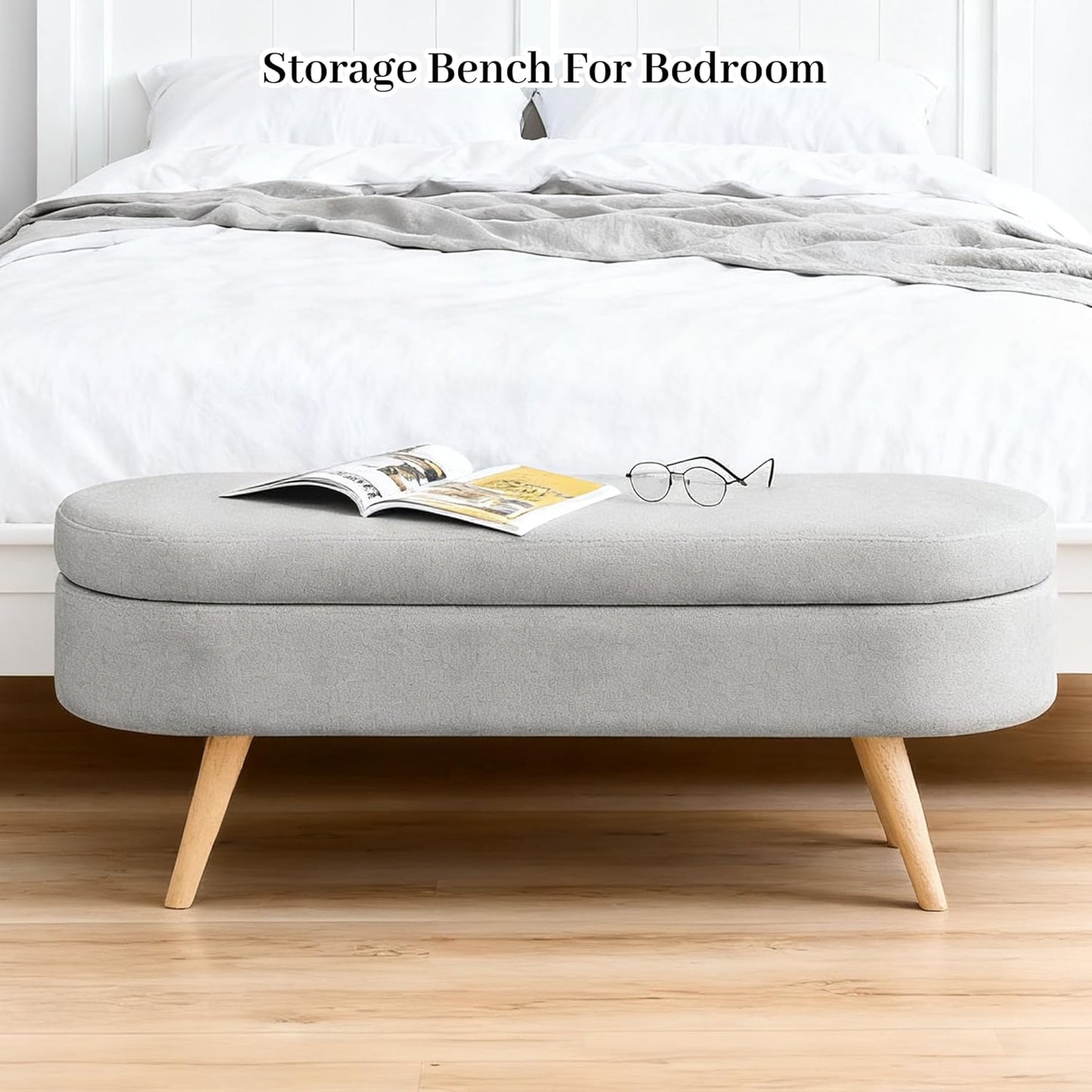Storage Bench, 43" Storage Ottoman Bench for Bedroom, Upholstered Entryway Benches with Seating, Rubber Wood Legs, Shoe Storages Benches for Bedroom, Living Room, Entryway, Bed Side, Grey