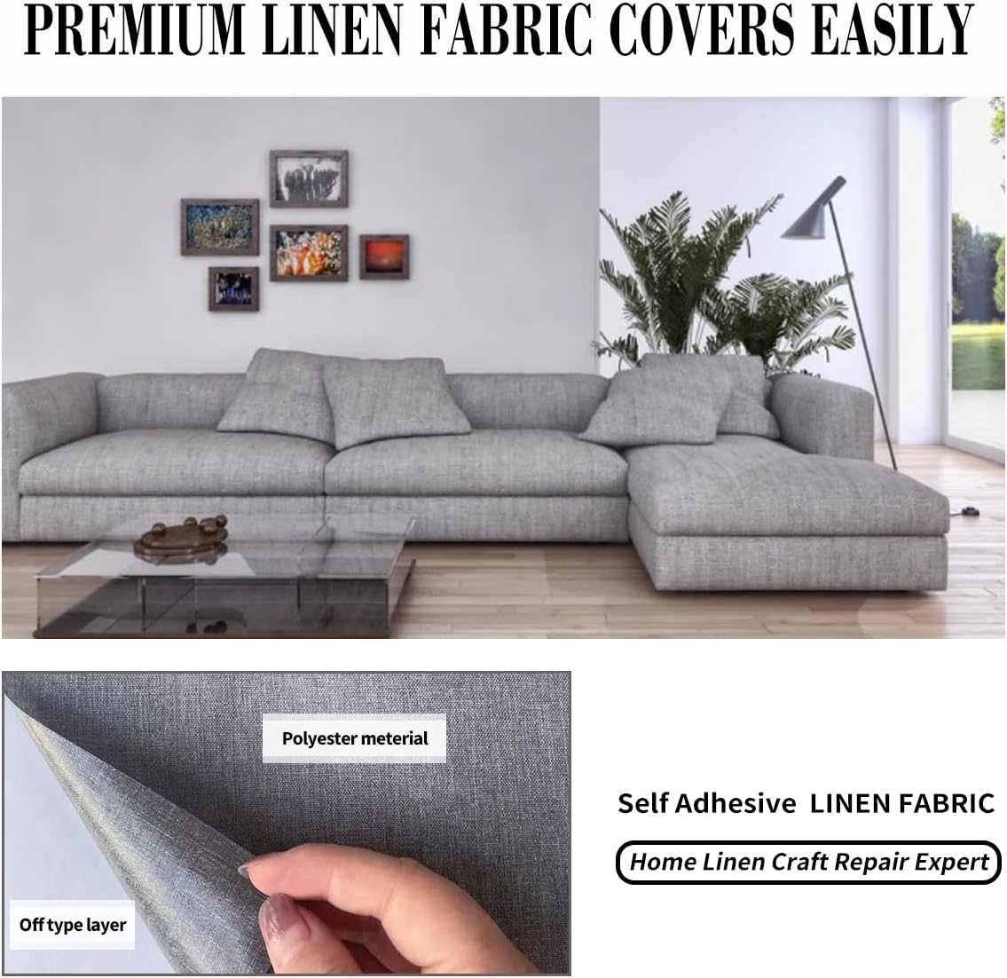 Fabric Repair Patches, 17X158 Inch Linen Repair Tape Self-Adhesive Fabric Patches Durable, DIY Large Linen Tape for Sofa, Couches, Furniture, Chair, Clothing （17X158 Inch, Blue Grey）