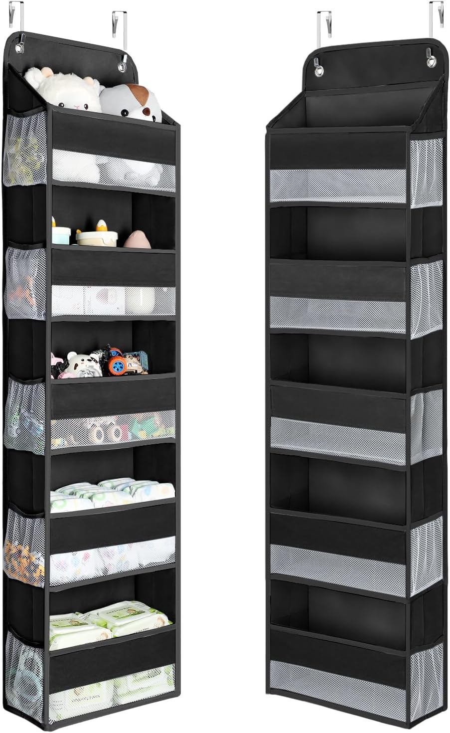 Yecaye 1 Pc Over the Door Organizer with 5 Bins 10 Side Pockets, 44lbs Load Hanging Bathroom and Bedroom Organizer, behind the Door Hanging Organizers for Nursery Newborn Baby Essential Stuff Black