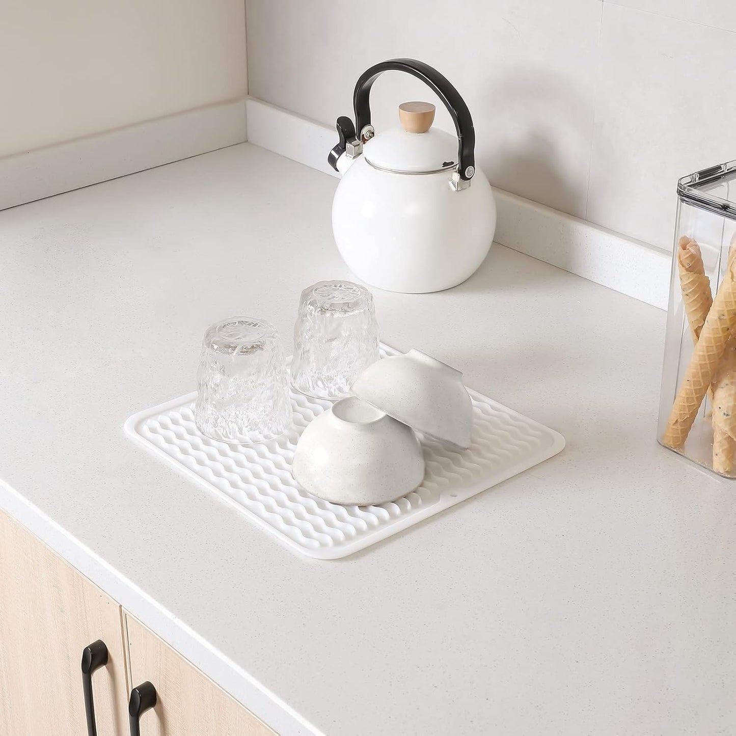 Silicone Dish Drying Mat for Multiple Usage,Easy clean,Eco-friendly,Heat-resistant Silicone Mat for Kitchen Counter or Sink,Refrigerator or Drawer liner White M 12 inches x 12 inches