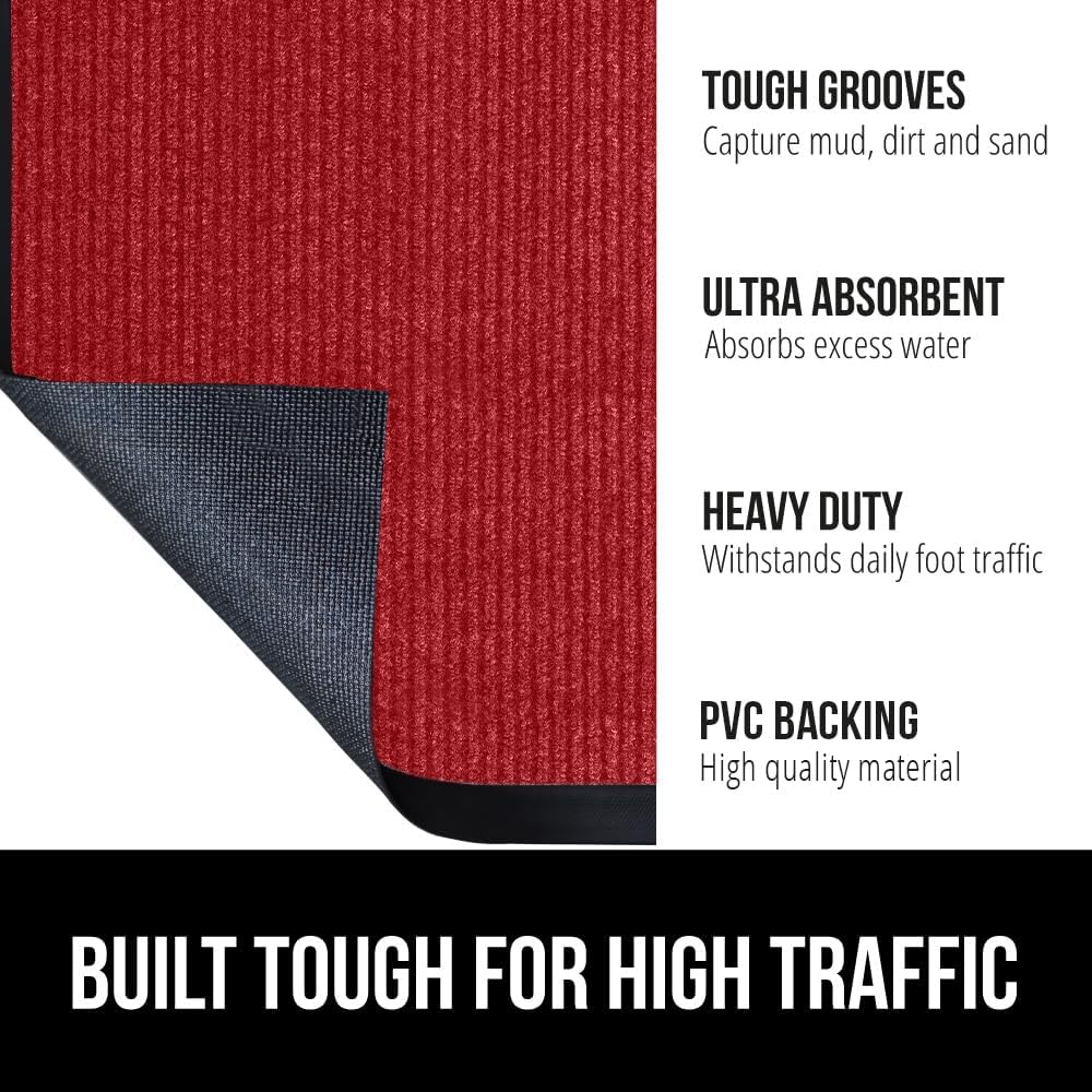 GORILLA GRIP Traffic Guard Door Mat, 70x24, Heavy Duty Welcome Mats, Commercial Office Space Doormat, Waterproof, Fade Resistant, Strong Rubber Backing, Low Profile, Shoe and Boot Scraper, Red