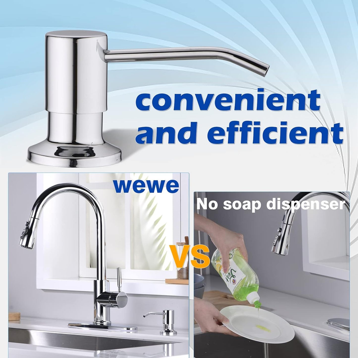 Chrome Soap Dispenser for Kitchen Sink, WEWE Kitchen Sink Soap Dispenser Built in for Counter Top Refillable Under Sink in Sink Soap Dispenser Stainless Steel Polished Chrome