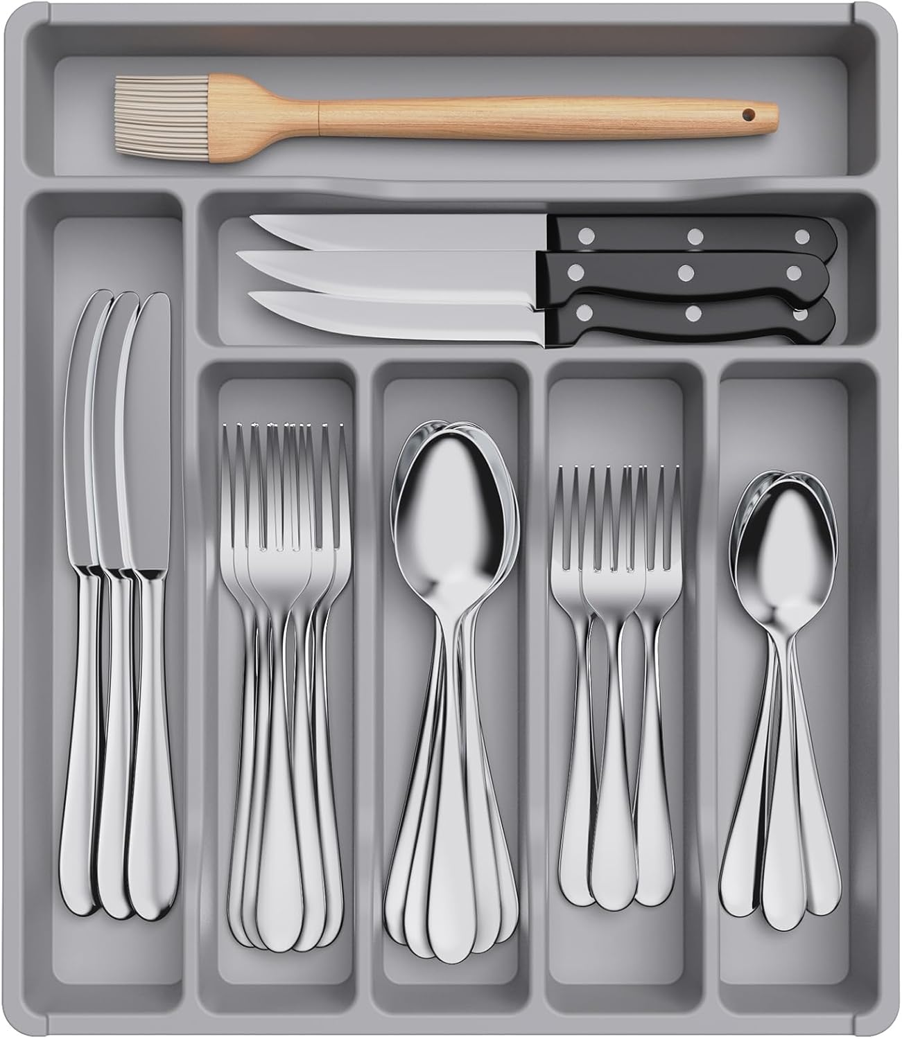 Lifewit Silverware Drawer Organizer Tray, Plastic Cutlery Storage for Kitchen Drawer, Flatware and Utensil Holder Divider for Spoons Forks Knives Tableware, 7 Compartment, Gray