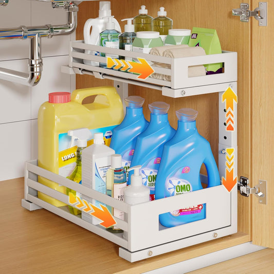 1-Pack Under Sink Organizers and Storage,2-Tier L Shape Pull Out Cabinet Organizer With Round Tube Slide Rails,Hight Adjustable Slide Out Drawers for Kitchen&Bathroom,Multi-Purpose Storage Shelf-White