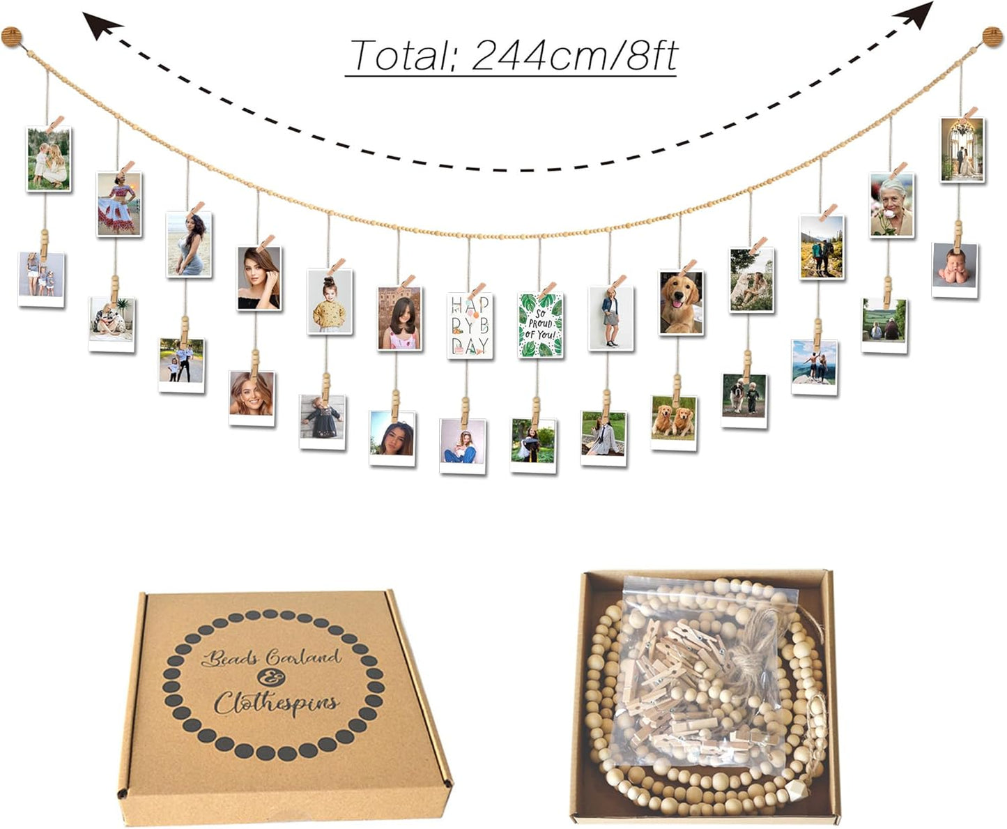 8 Feet Wooden Beads Garland with Clothespins Picture Cards Holder - Country Farmhouse Christmas Nursery Boho Holiday Decorations with Clips