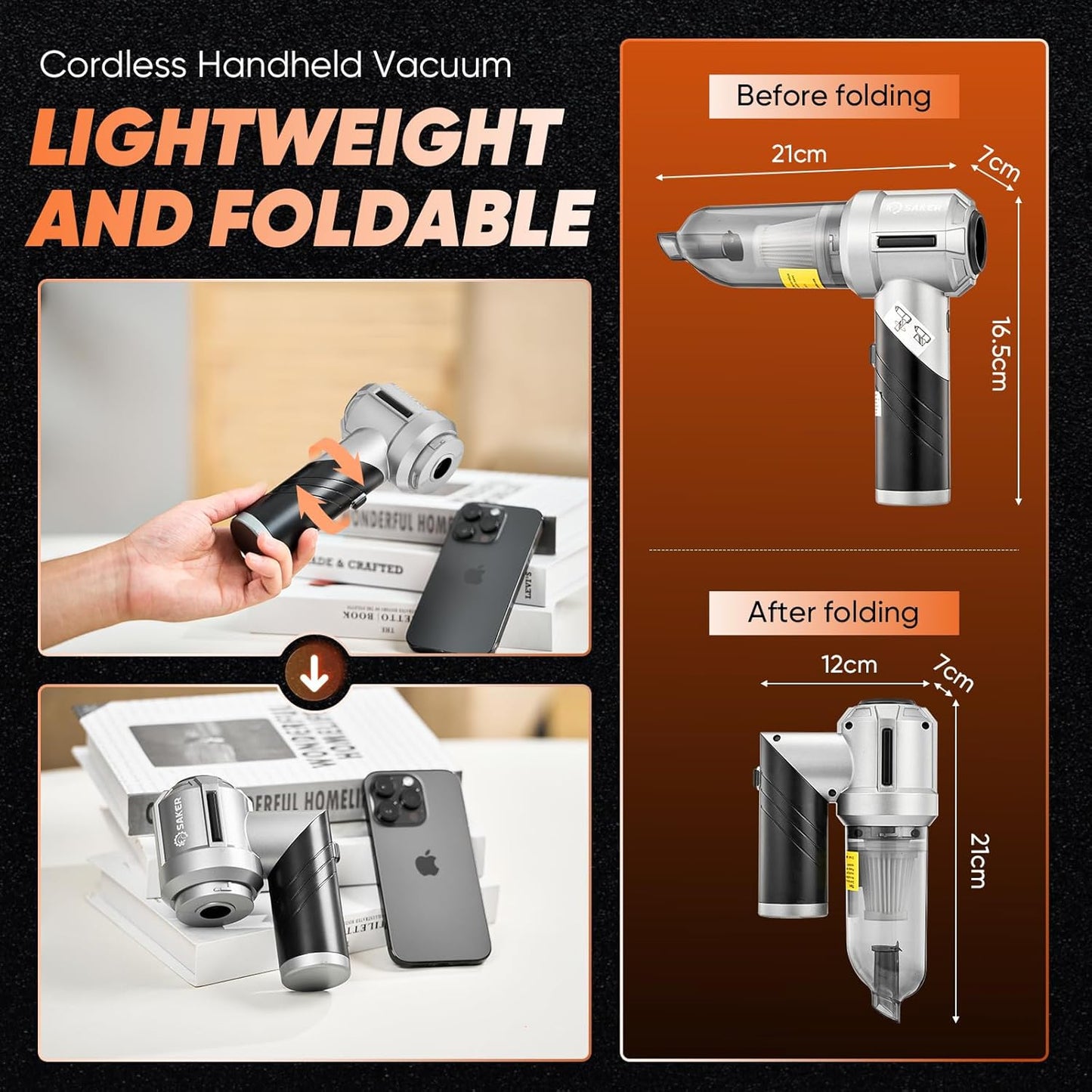 Saker Portable Handheld Vacuum Cordless Portable 17000PA Foldable Car Vacuum Cleaner Mini Dust Blower with Brushless Motor for Office Pet and Home Cleaning HL133