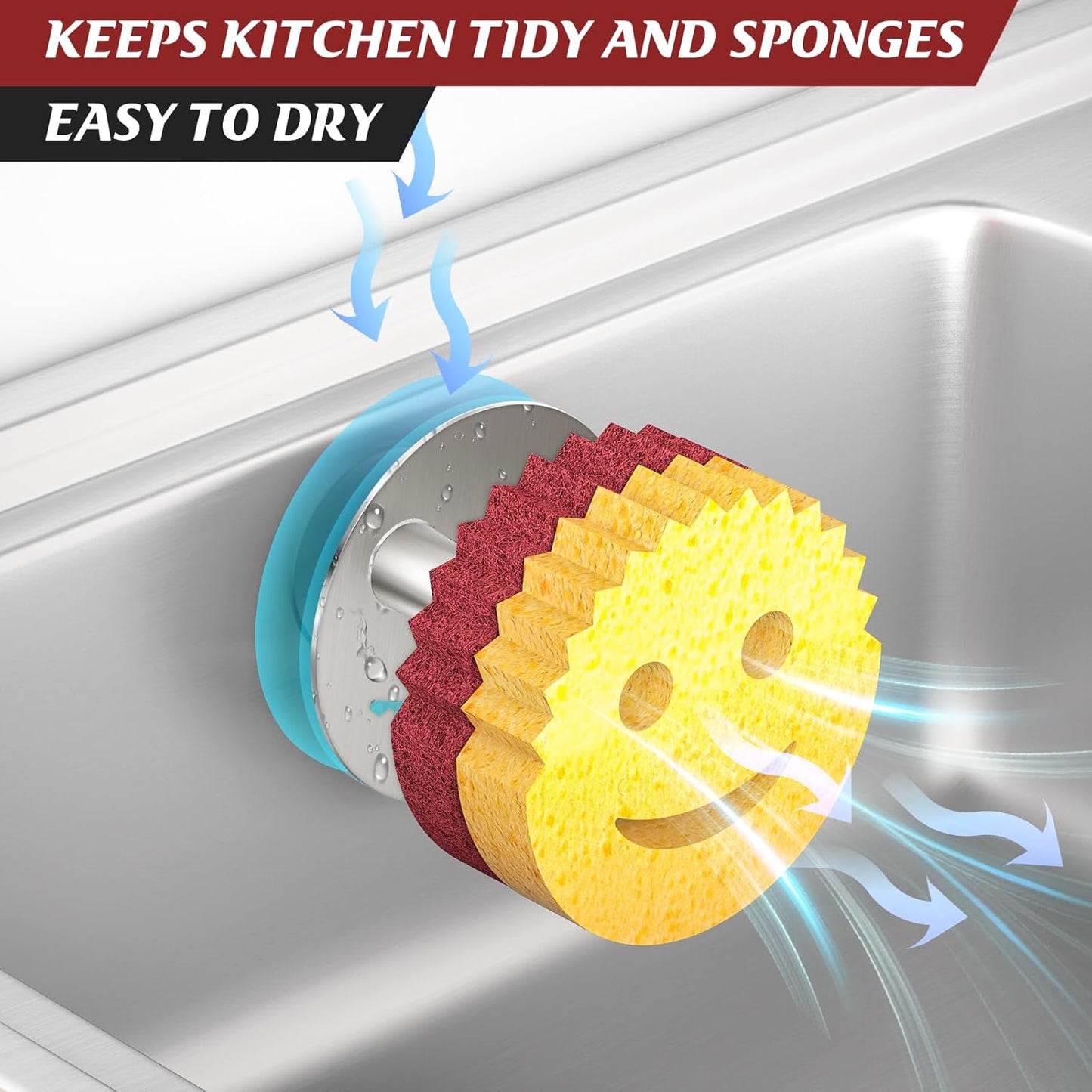 Sponge Holder for Kitchen Sink,Sink Caddy Organizer with Suction Cup Installation for Kitchen/Bathroom, Self Draining,Sponge Caddy for Holding Smiley Sponges-Silver