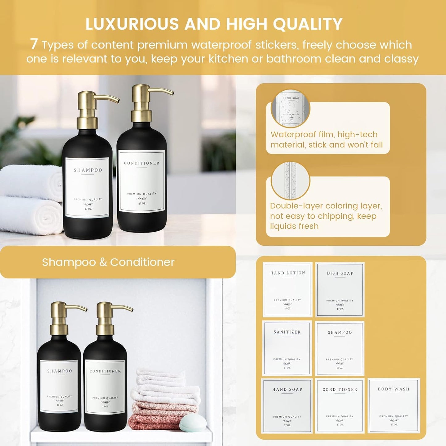 Glass Soap Dispenser for Kitchen Sink,Farmhouse Dish Soap Dispenser&Hand Soap Dispenser Set,Rustproof Pump Lotion Dispenser Bathroom with Tray,Waterproof Label for Kitchen Decor(Black