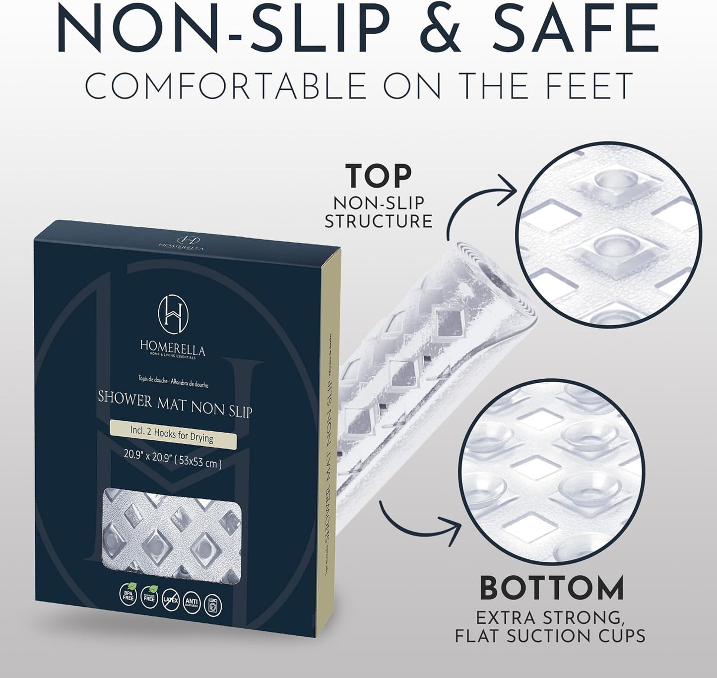 Homerella Anti Slip Shower Mat | Anti Mold Non Slip Bathtub Mat for Inside Shower | Square Floor Shower Mat 21 x 21 inch with Suction Cups for Grip & Hooks Hanging and Quick Drying | Machine Washable