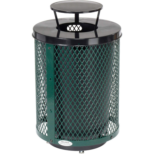 Global Industrial Outdoor Diamond Steel Trash Can with Rain Bonnet Lid, Raised Base and Plastic