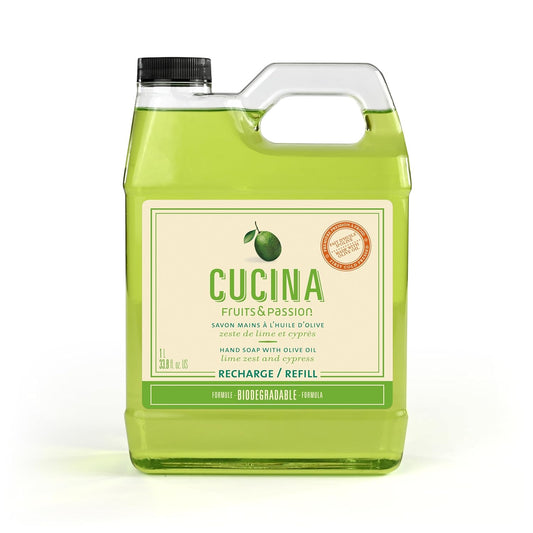 Cucina Fruits & Passion Hand Soap Refill – 1 Liter (33.8 oz) Lime Zest and Cypress – Purifying All Natural Kitchen Hand Soap with Olive Oil – Vegan and Moisturizing Formula