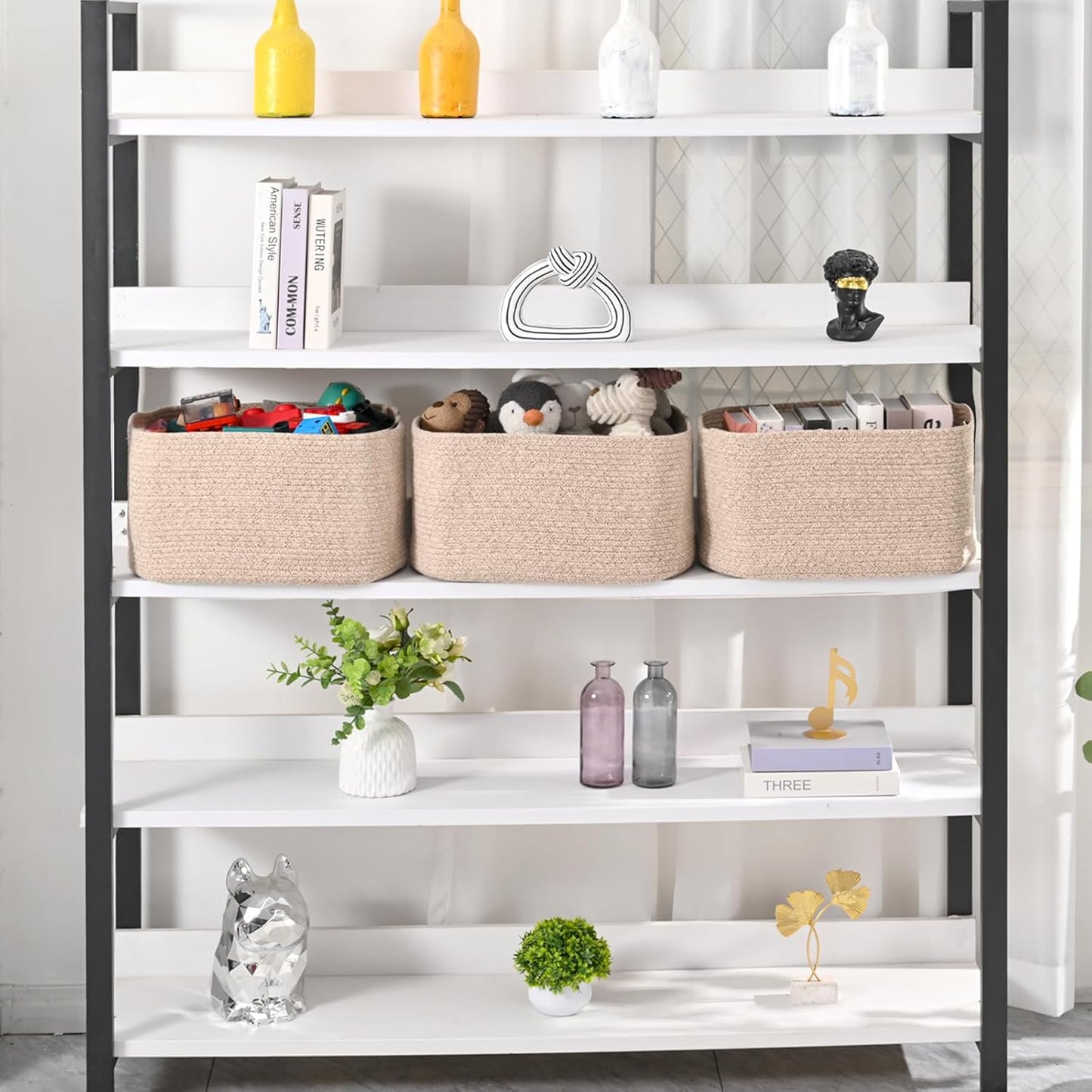 Large Storage Baskets for Organizing Shelves, Woven Cotton Rope Bins for Baby Nursery Organization, Book Toy Towel Organizer, 17"x13"x9.5", 3 Packs, Brown