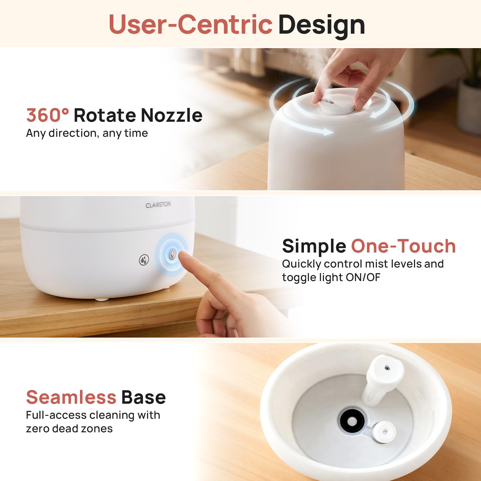 Clarston Humidifiers for Bedroom, 2L Cool Mist Humidifier, 24dB Quiet Sleep