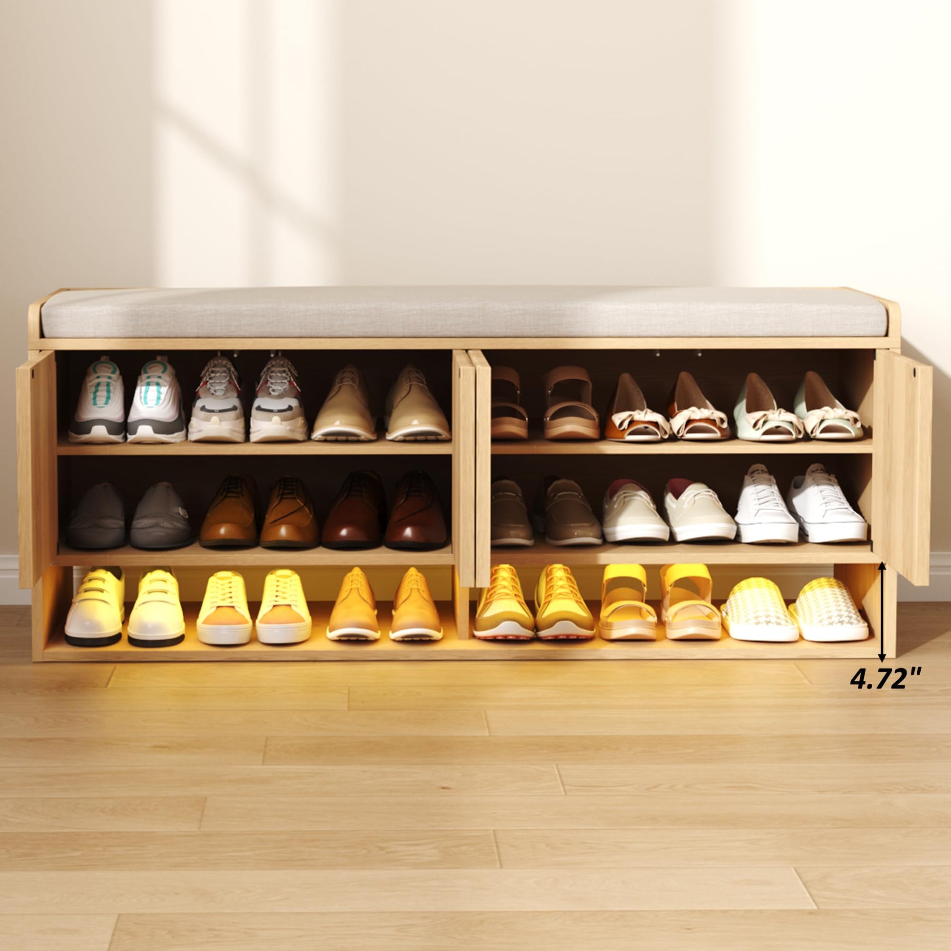 HOMEFORT 47.2" Fluted Shoe Storage Bench, Entryway Bench with Linen Seat Cushion, Shoe Cabinet
