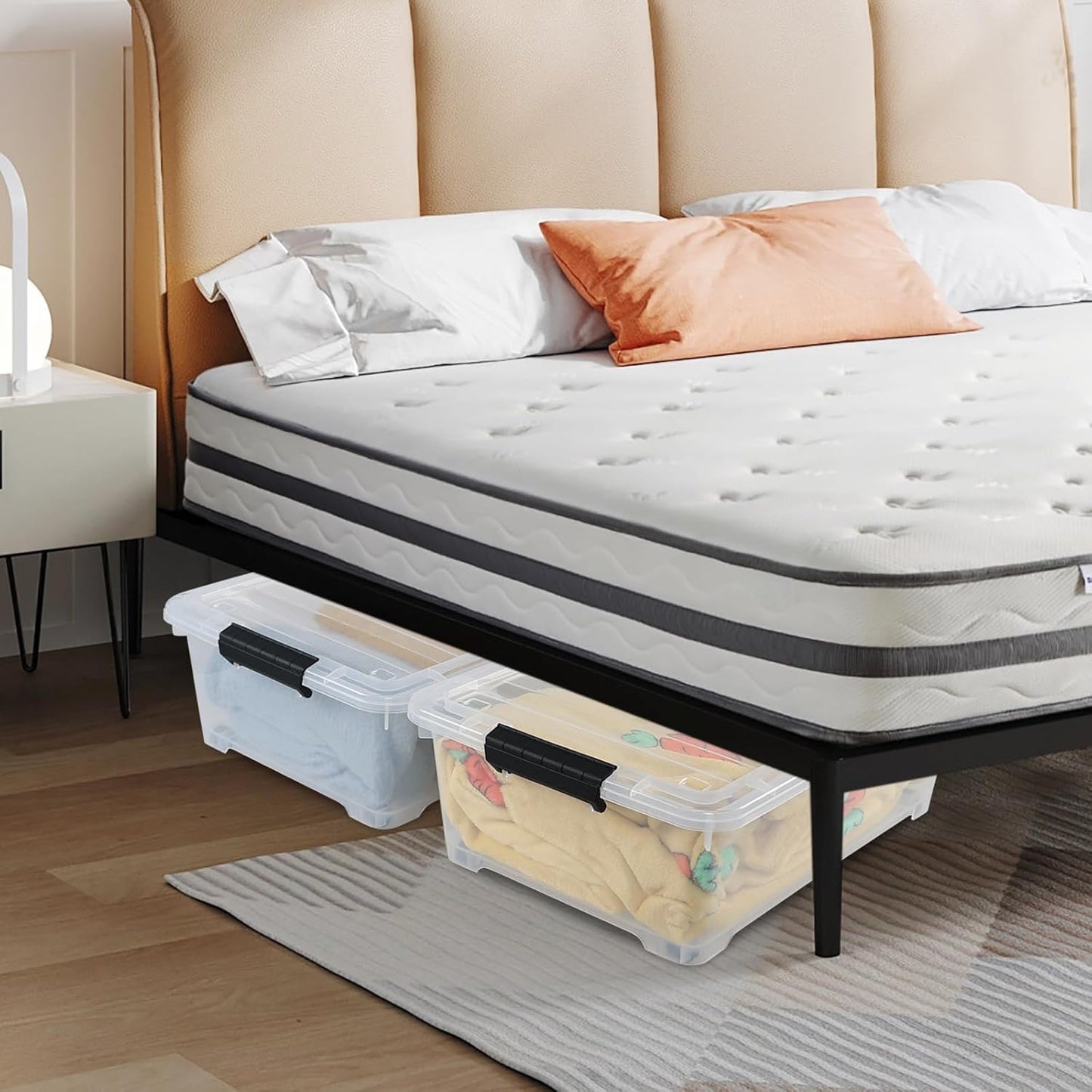 4 Pack 20 L Plastic Under Bed Storage Box with Lid, Clear Plastic Storage Bins Under Bed with Wheels