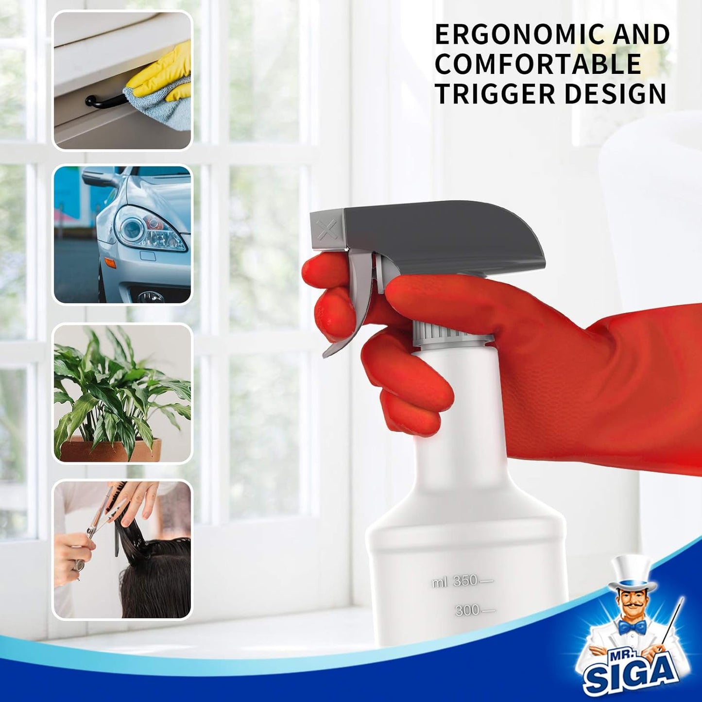 MR.SIGA 16 oz Empty Plastic Spray Bottles for Cleaning Solutions, Heavy Duty Household Reusable Spray Bottles with Measurements and Adjustable Leak Proof Nozzle, 3 Pack