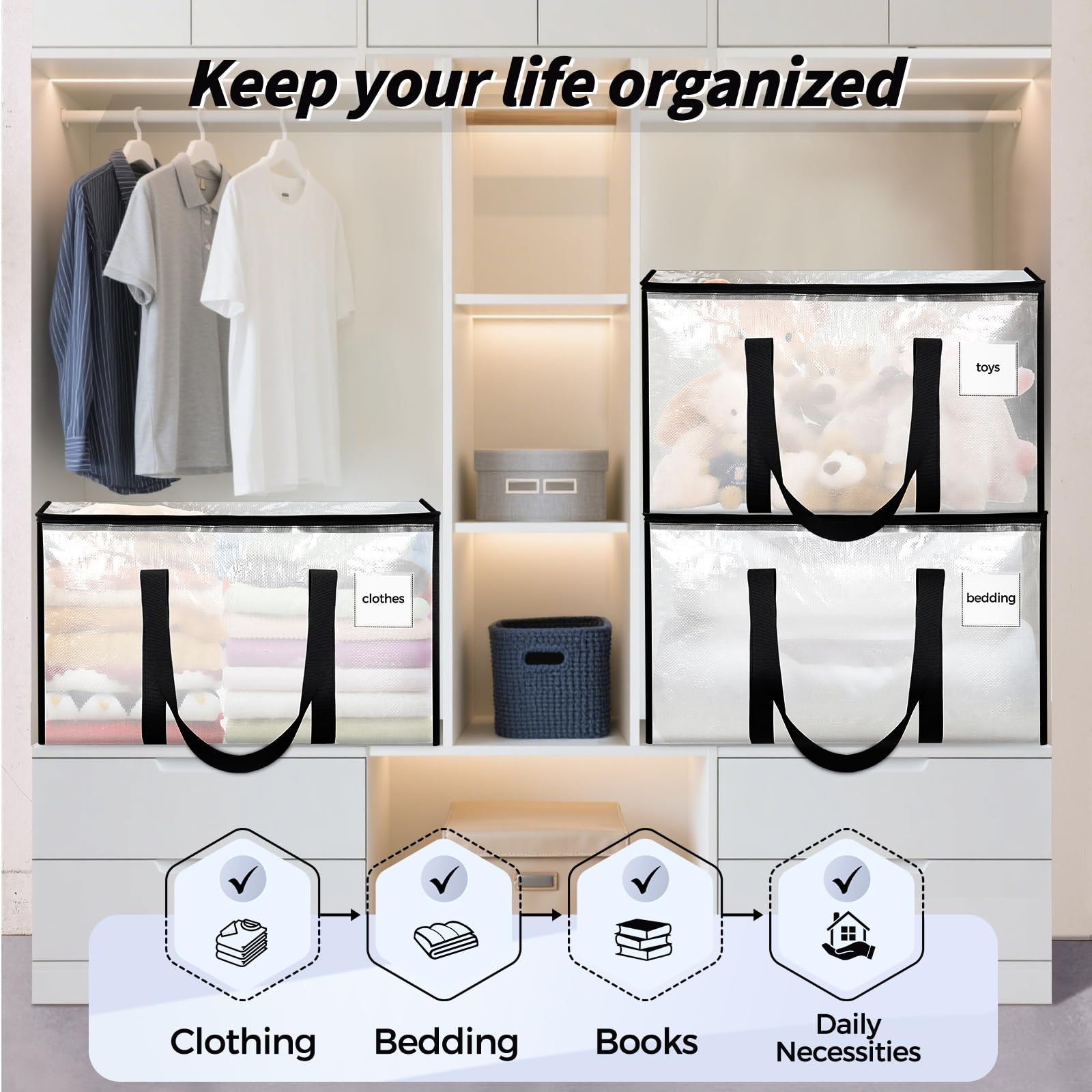 8 Pack Extra Large Clothes Storage Bins with Lids, Storage Bags with Reinforced Handles &