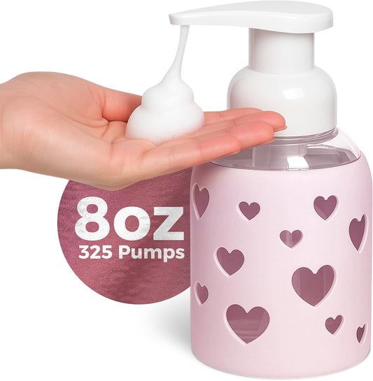 SoCal Suds & Company Glass Foaming Hand Soap Dispenser, Heart Silicone Sleeve, Refillable Pump Bottle for Kids, Baby Wash & Shampoo, Ideal for Home Use, Soft Pink 8oz