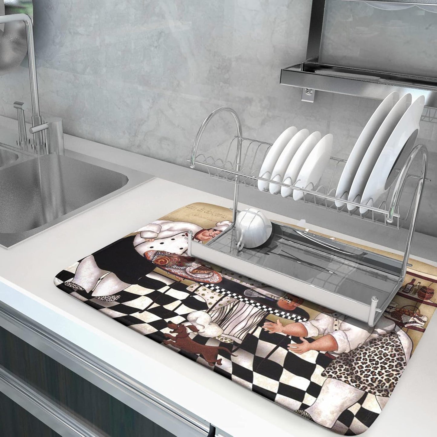 Fat Chef Dish Drying Mat For Kitchen Counter 18x24 Inch Microfiber Absorbent Drying Pad Chef Kitchen Drying Mat Dishes Pad Dish Drainer Rack Mats For Coffee Bar Decor Mats