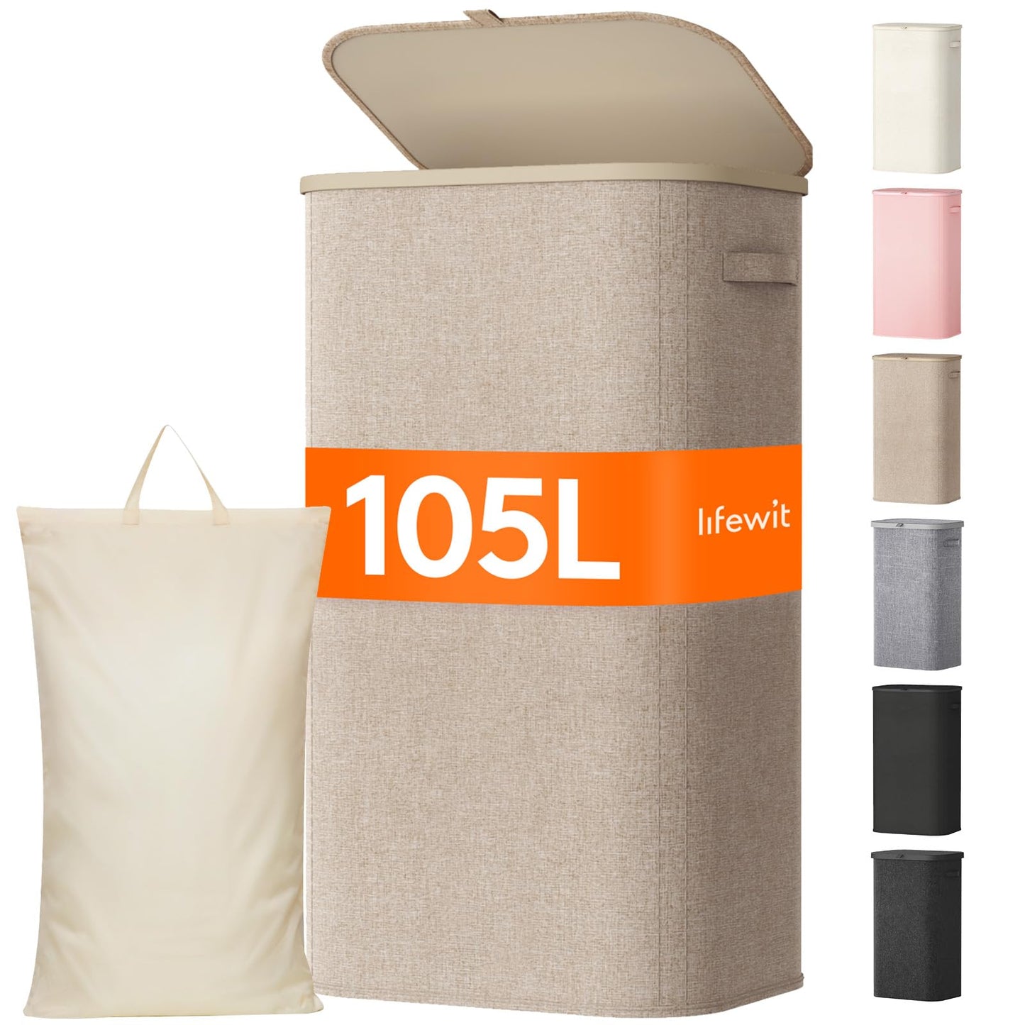 Lifewit 105L Large Laundry Basket with Lid, Laundry Hamper with Plastic Handles and Removable Bag