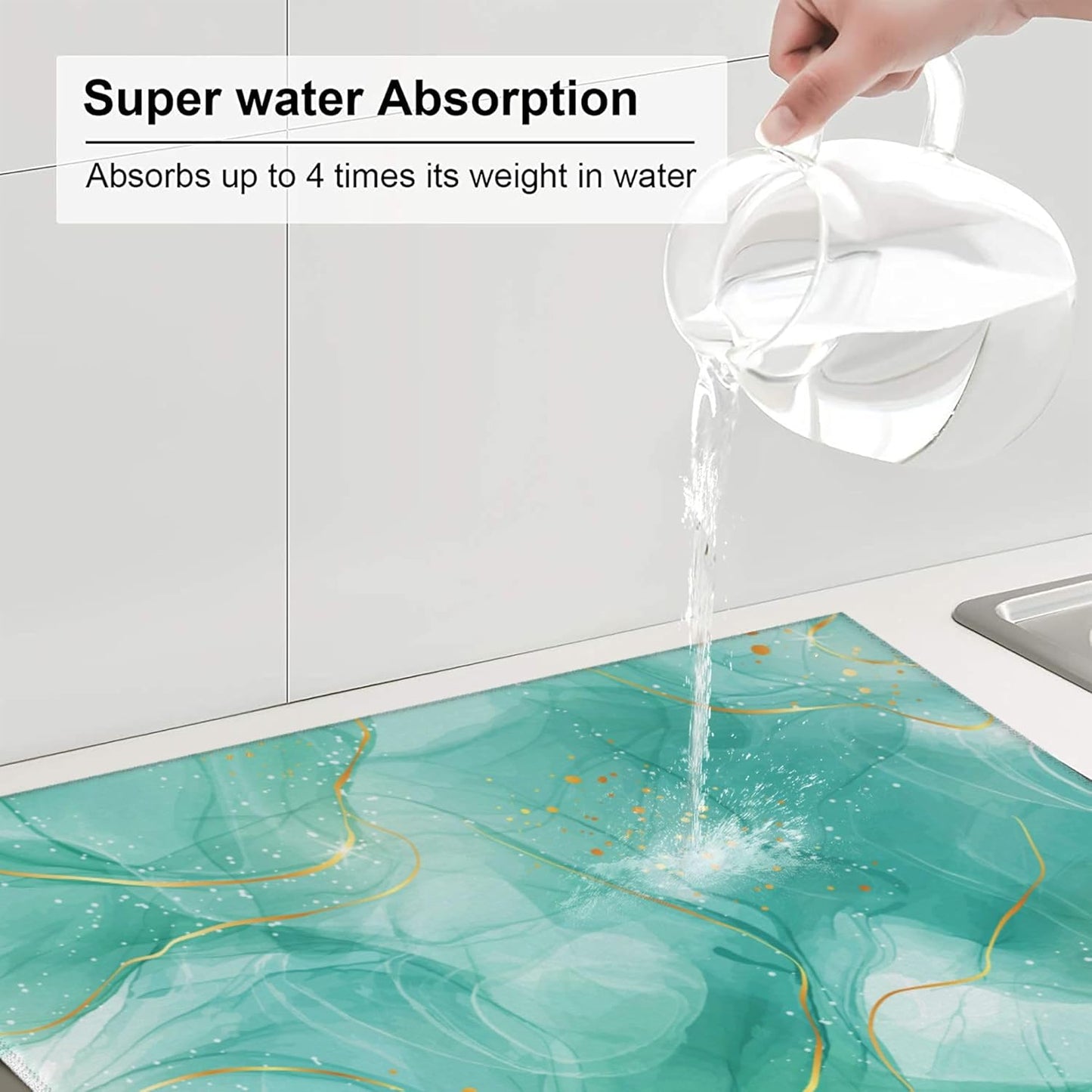 Teal Gold Marble Dish Drying Mat for Kitchen Counter Green Turquoise Dish Drainer Rack Mats 16x18 Inch Absorbent Reversible Modern Drying Pad