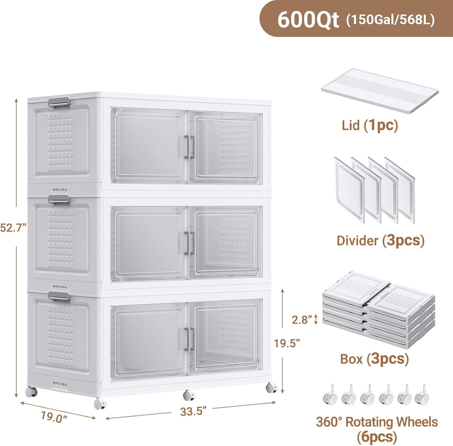 BROVIEW 52.7"H 150Gal Plastic Storage Bins with Lid & Wheels,3Pack Extra Large Stackable Storage Bins with Dividers,Closet Organizers and Storage Cabinet Collapsible Box Shelves for Home Kitchen,White