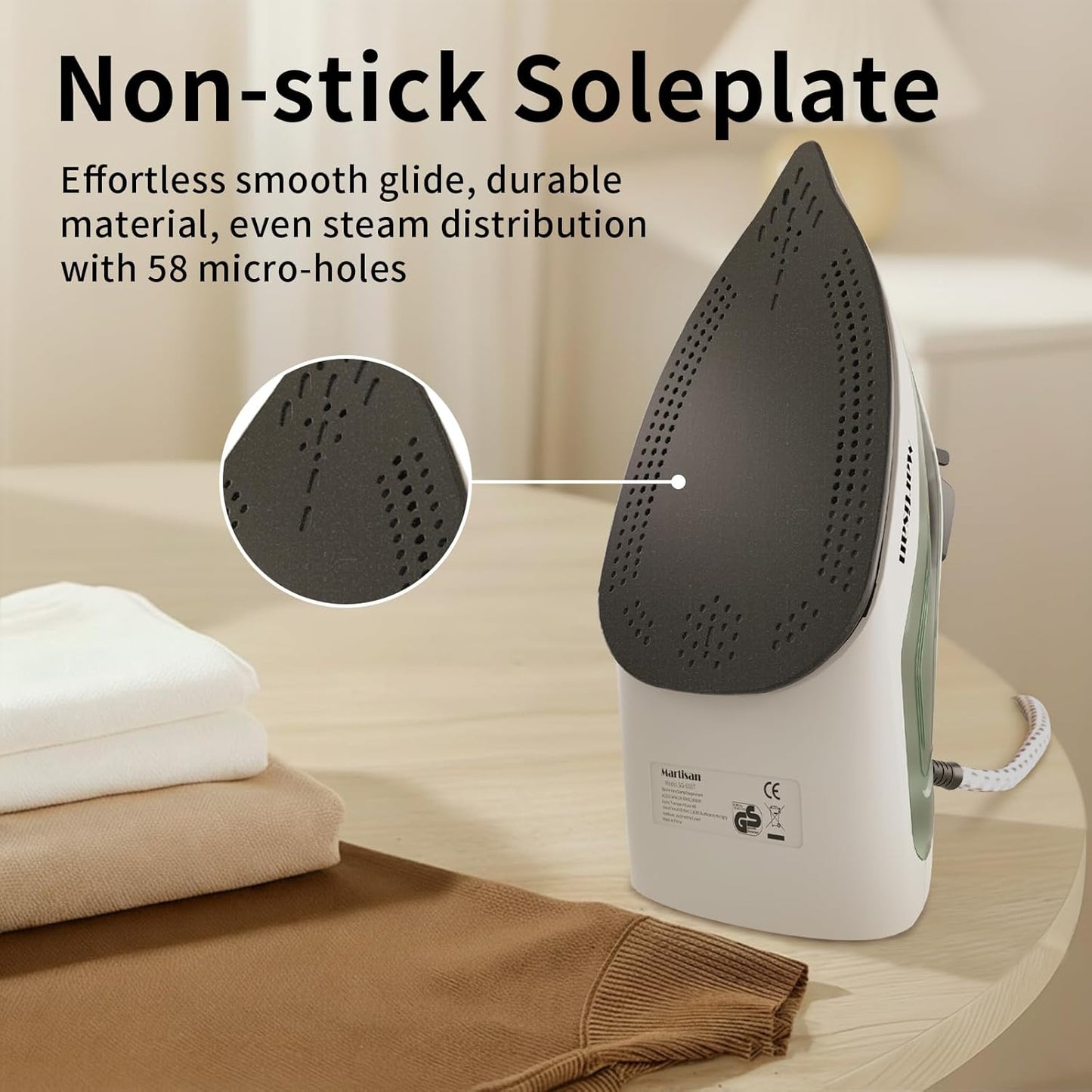 Martisan 2000W Powerful Steamer, Steam Iron for Clothes, Non-stick Soleplate, 4-in-1 Iron, Anti Drip, Fast Heating, Adjustable Temperature, Spray & Burst Steam, Green