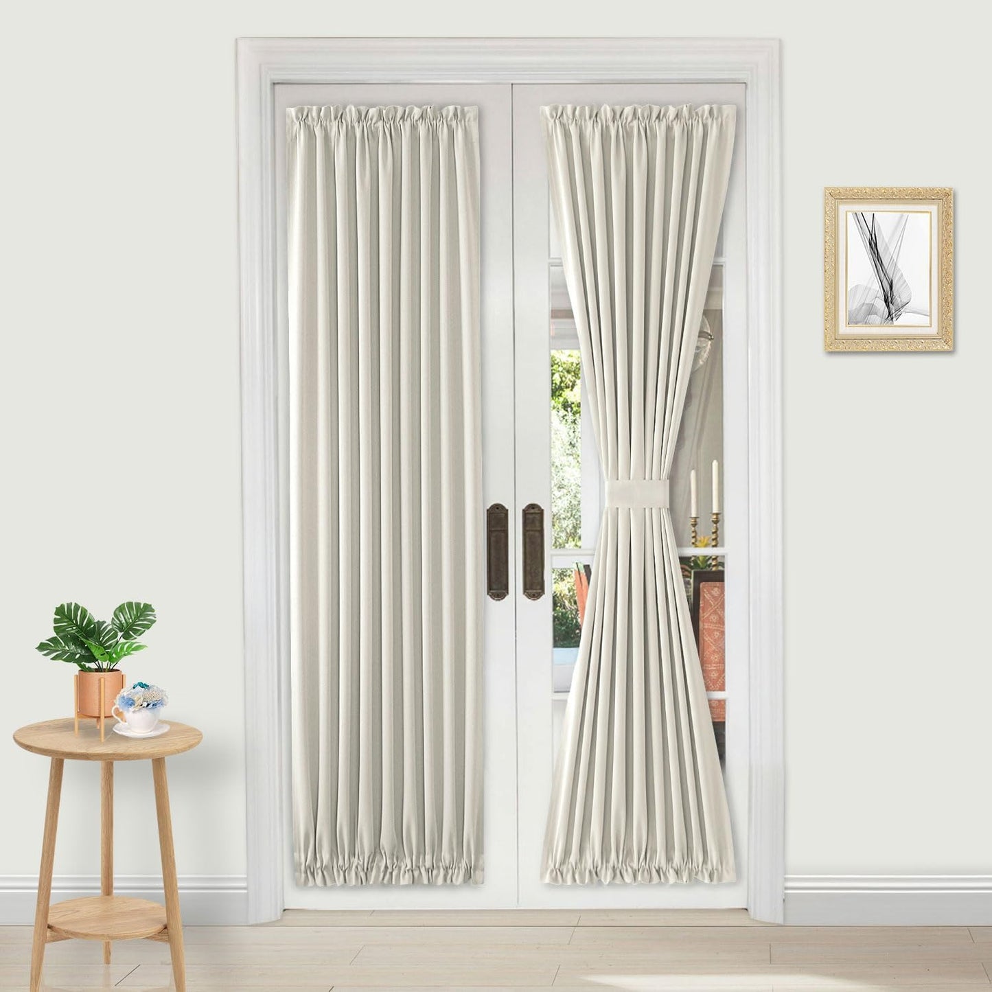 DWCN French Door Curtains – Rod Pocket Thermal Curtain for Doors with Glass Window, Kitchen and Patio Doors for Privacy, 36 X 72 Inches Long, 1 Curtain Panel with Tieback,Ivory