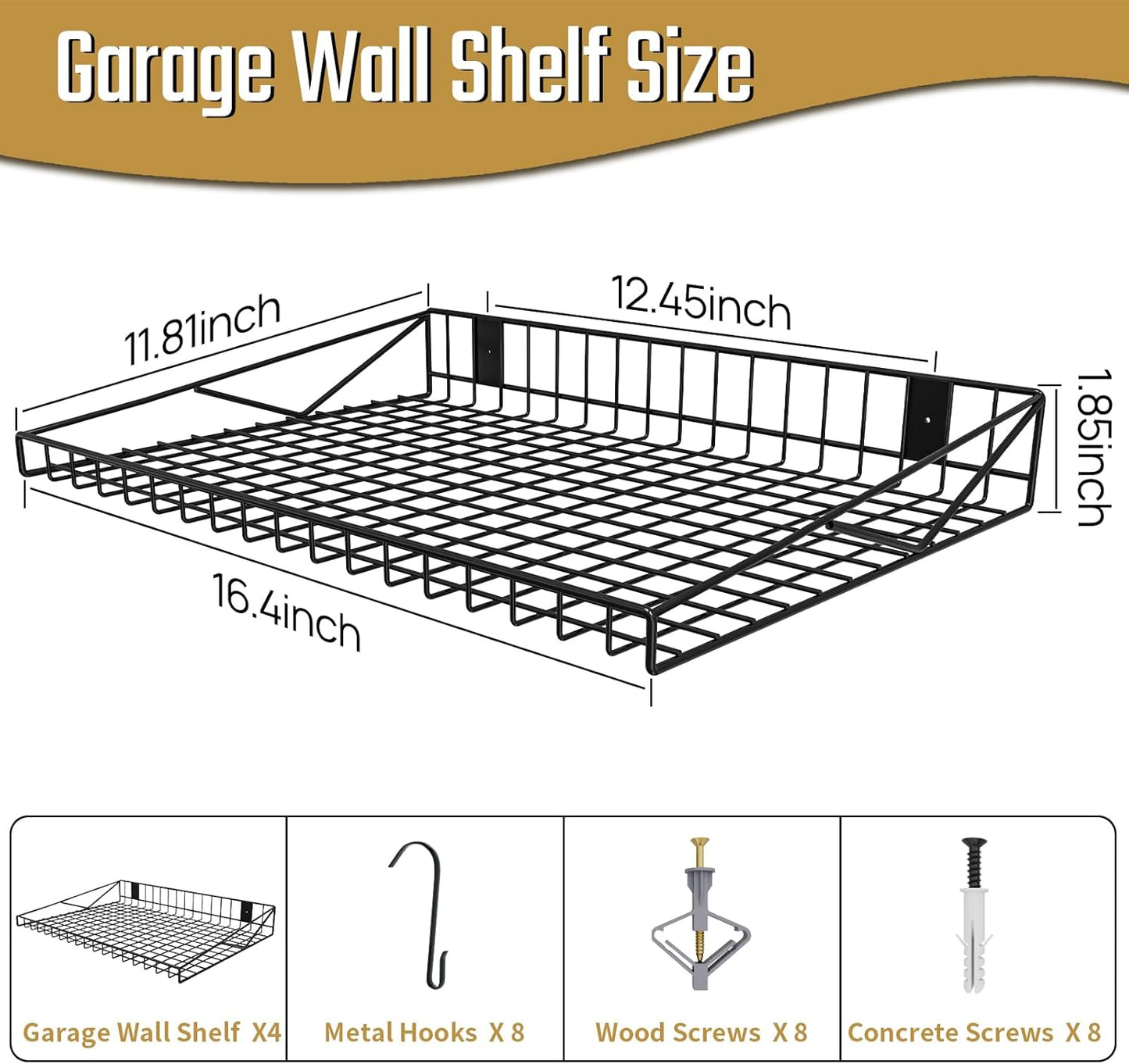4 Pack Garage Wall Shelf, Garage Wall Mounted Shelving, Heavy Duty Floating Shelves With 8 Hooks, Loads 180 LBS Black Wall Shelves Mesh Storage Rack for Office, Basement, Wall Cabinet and Kitchen
