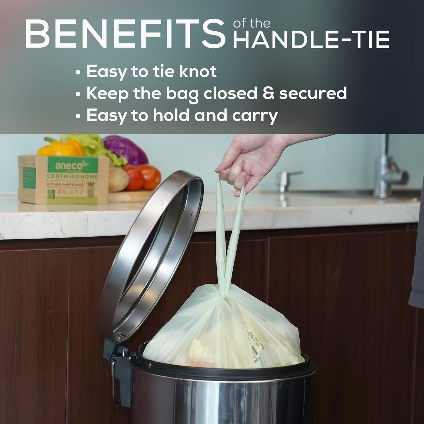 ANECO 8 Gallon Compostable Kitchen Food Waste Bags with Handles (30 Count), Leak-proof Compost Bags for Tall Kitchen Bin, Large 8 Gallon Bags Certified by BPI & OK Compost HOME