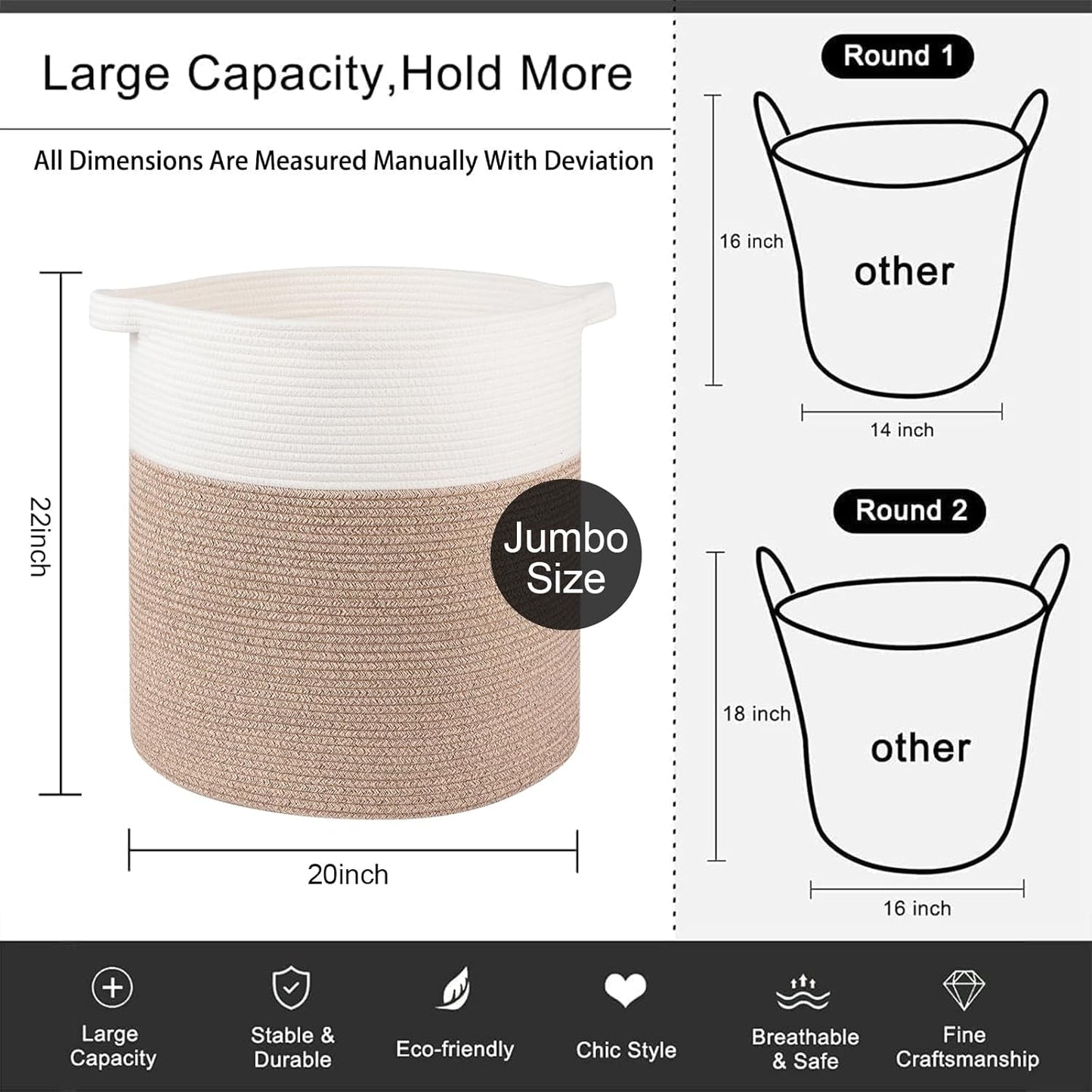 OIAHOMY 80L Laundry Hamper, Storage Basket with Handles, Laundry Basket For Toys, Pillows, Blankets,Clothes-20x18in-Brown&White