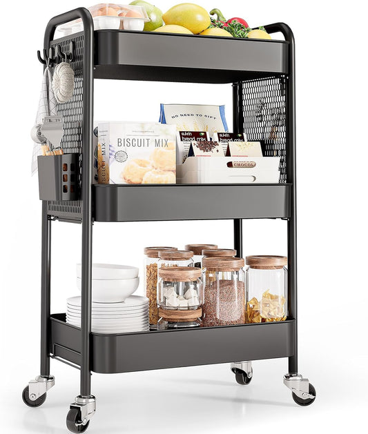 TOOLF 3 Tier Rolling Cart Storage Organizer, Metal Rolling Utility Car with Wheels, Hooks & Bins Esthetician Art Sturdy Storage with Pegboard for Bathroom, Kitchen, Office, Nursery Diaper