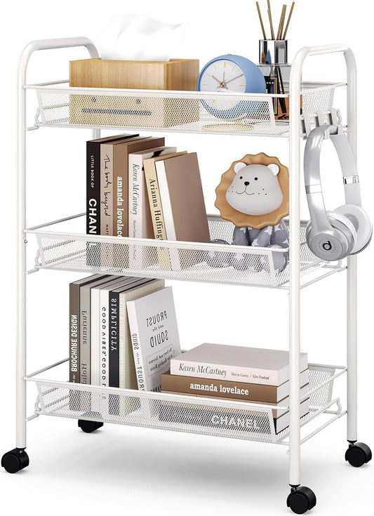 TOOLF 3-Tier Metal Rolling Cart, Mesh Wire Easy Assemble Utility Cart, Storage Trolley on Wheels with 3 Hooks, MetalStorage Shelving Units for Kitchen Bathroom Laundry Room
