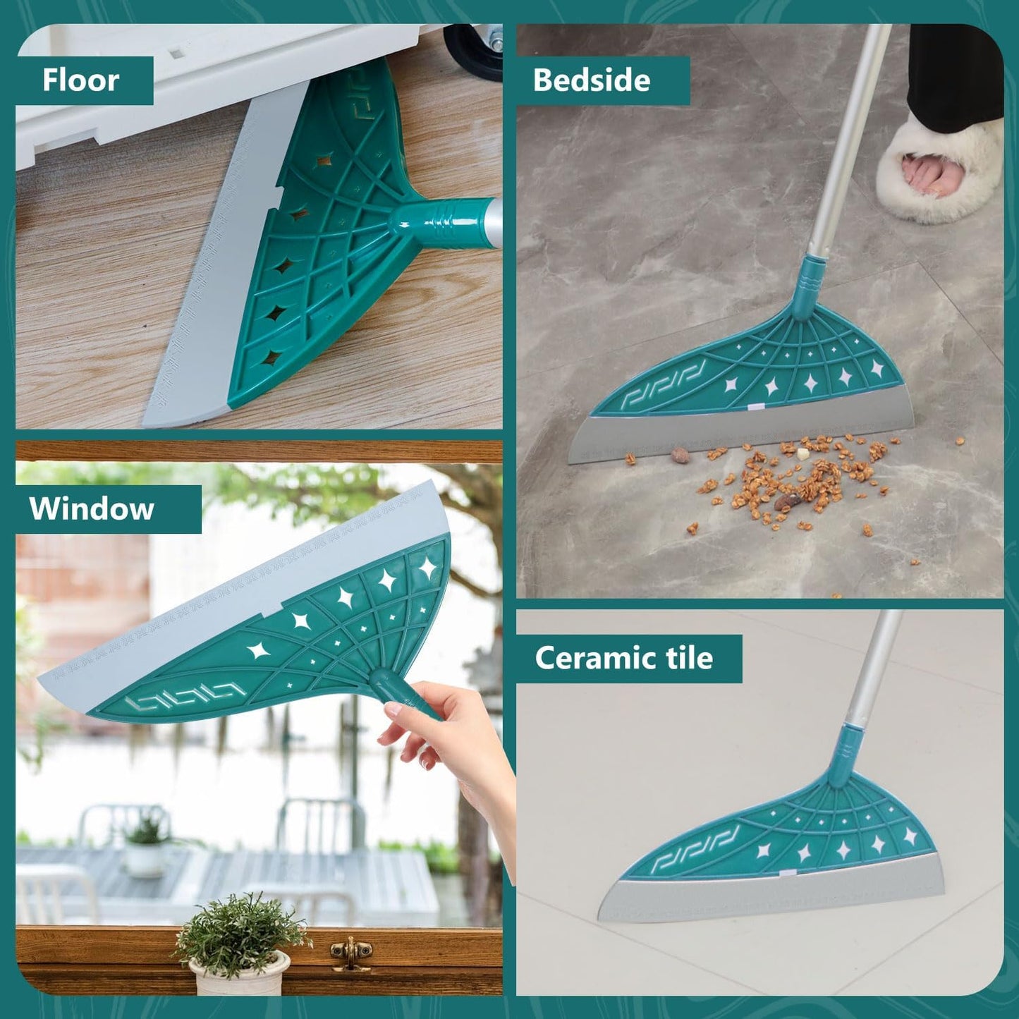 Magic Air Broom Rubber Floor Squeegee for Glass and Floors with Long Aluminum Adjustable Handles,60inch Silicone Squeegee Broom or Pet Hair, Dust and Liquids (Green)