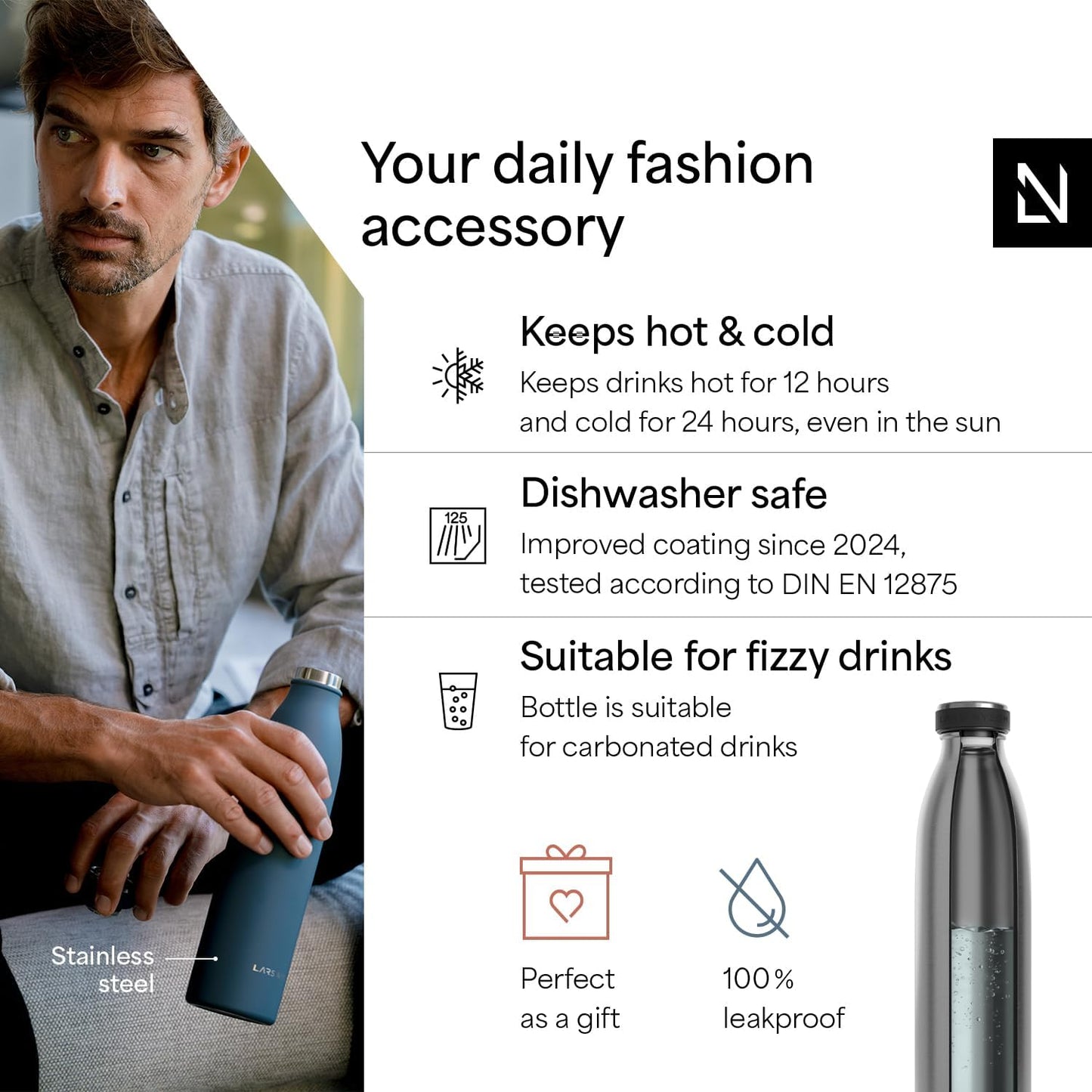 LARS NYSØM Stainless Steel Insulated Water Bottle 12oz 17oz 25oz 34oz 51oz | Insulated Thermo Flask for Hot and Cold Beverages | Leakproof Drinking Bottle (Stainless Steel, 25.4oz)