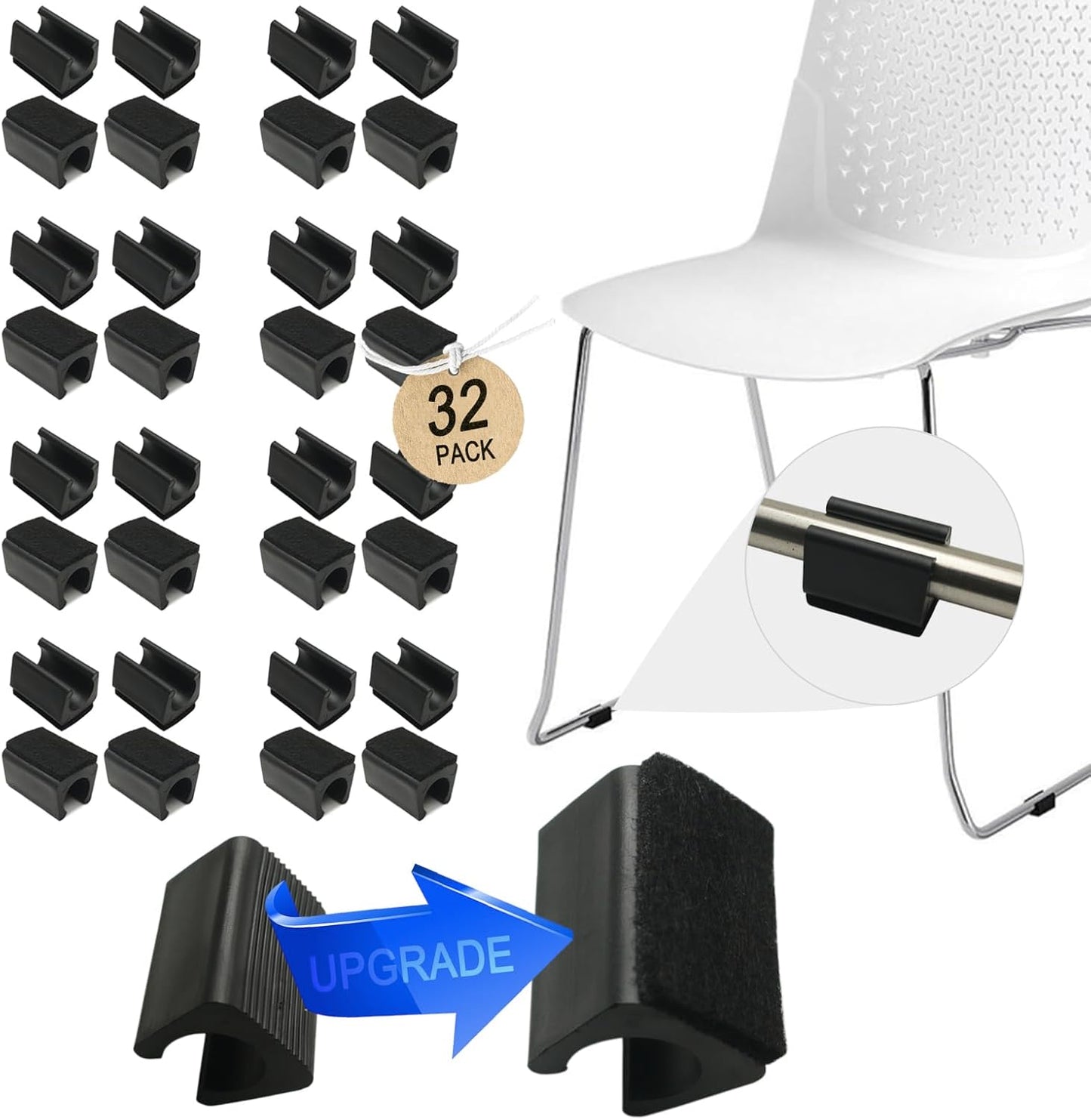 Rectangle U Shaped Chair Leg Tips Cap with Felt Pads,Furniture Feet Protector Slide Smoothly Glides,Protect Hardwood Floor No Scratches No Noise,Fit 12mm(15/32inch) Diameter Tubular Legs (Black 32PCS)