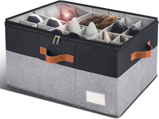 Shoe Organizer for Closet, Foldable Shoe Storage Bins with Clear Cover, Space Saving Shoes Holder with 4 Handles, Large Adjustable Shoe Box Storage Containers, Fits 12-24 Pairs, 1 Pack, Black