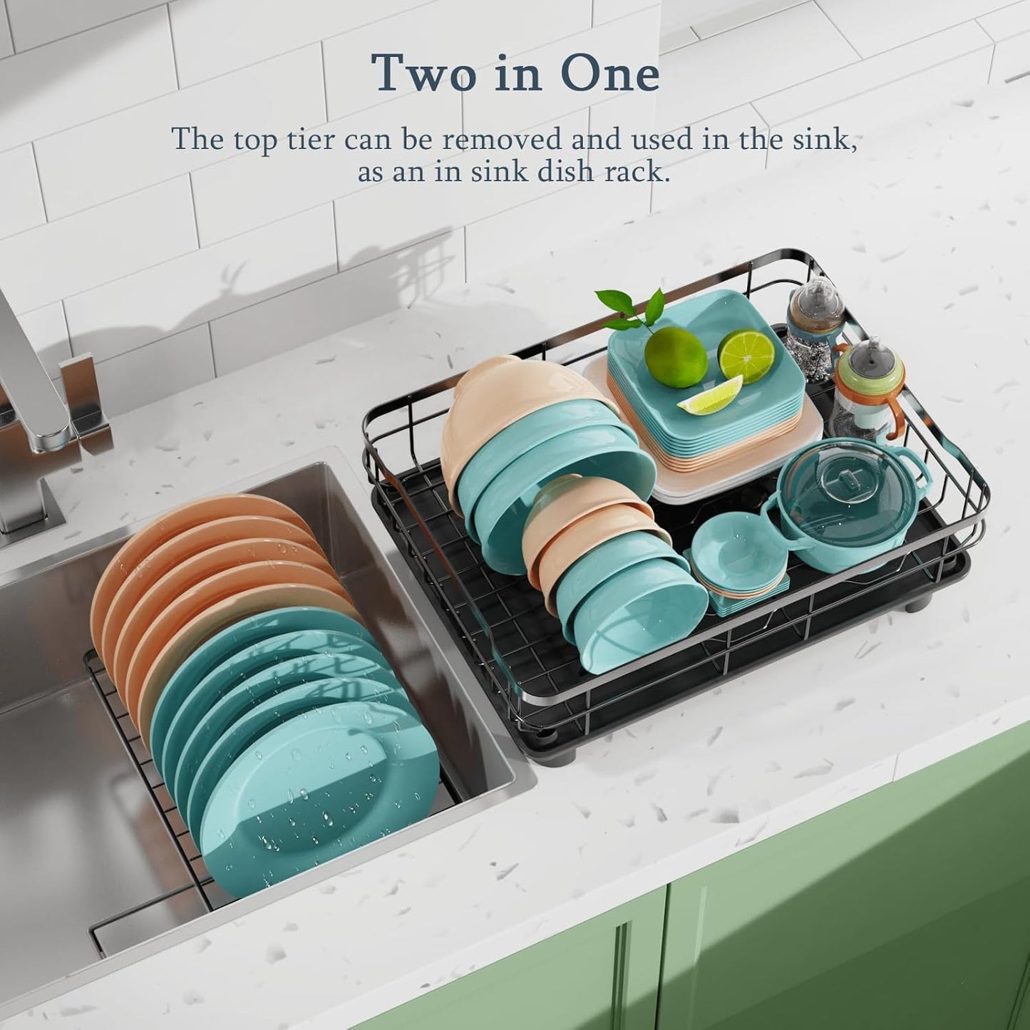 Dish Drying Rack, Large 2 Tier Stainless Steel Dish Rack for Kitchen Counter with a Drainboard, Cutlery, Cup Holder, Kitchen Organizers and Storage Rack, 17" L x 13" W, Black