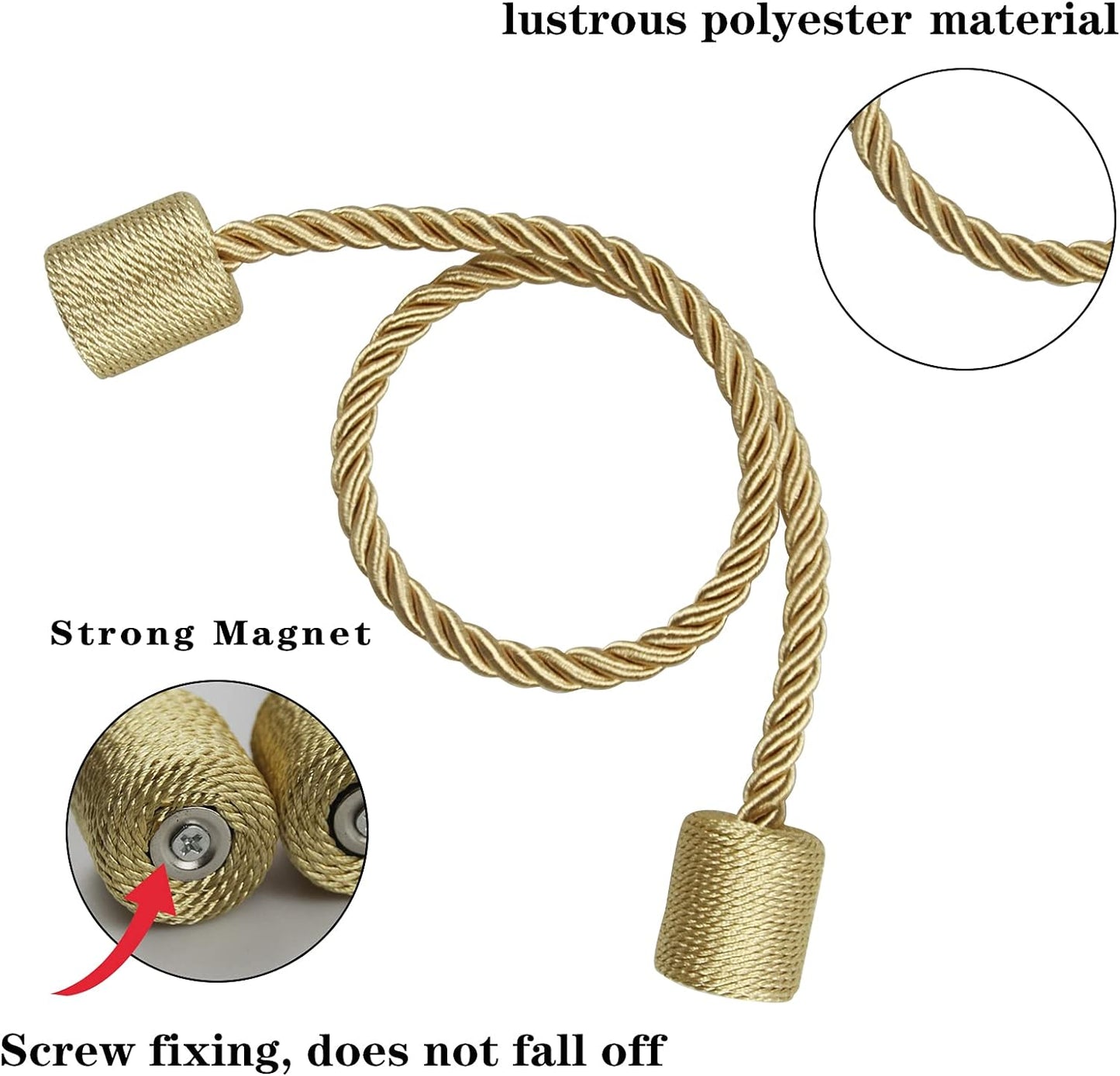 2 Pack Strong Magnetic Curtain Tiebacks Outdoor Elegant Decorative Tie Backs Modern Rope Tiebacks for Drapes Window Curtain Holdbacks for Draperies- Gold
