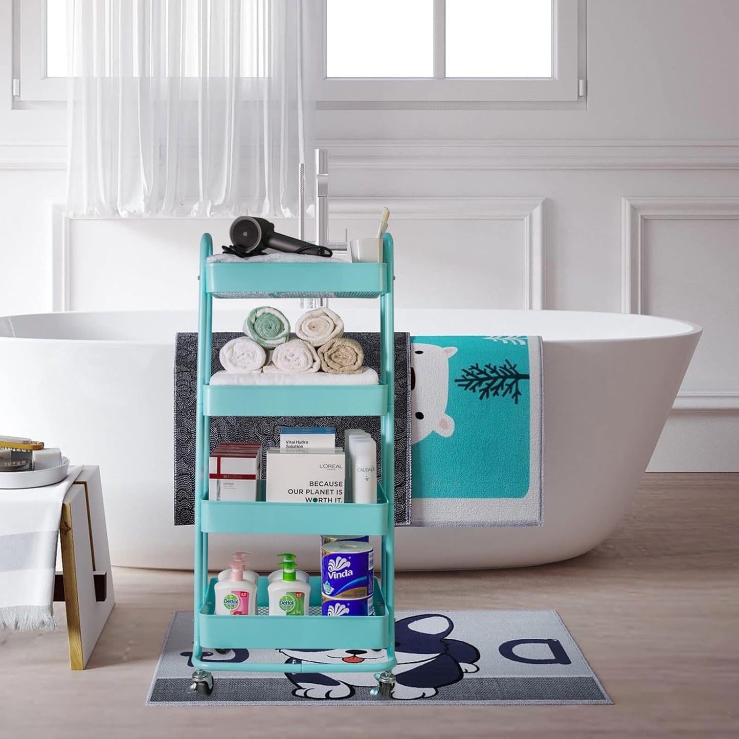 elabo 4-Tier Metal Mesh Utility Rolling Cart, Storage Organizer Trolley Services Cart with Lockable Wheels for Kitchen, Bathroom, Living Room (Blue)