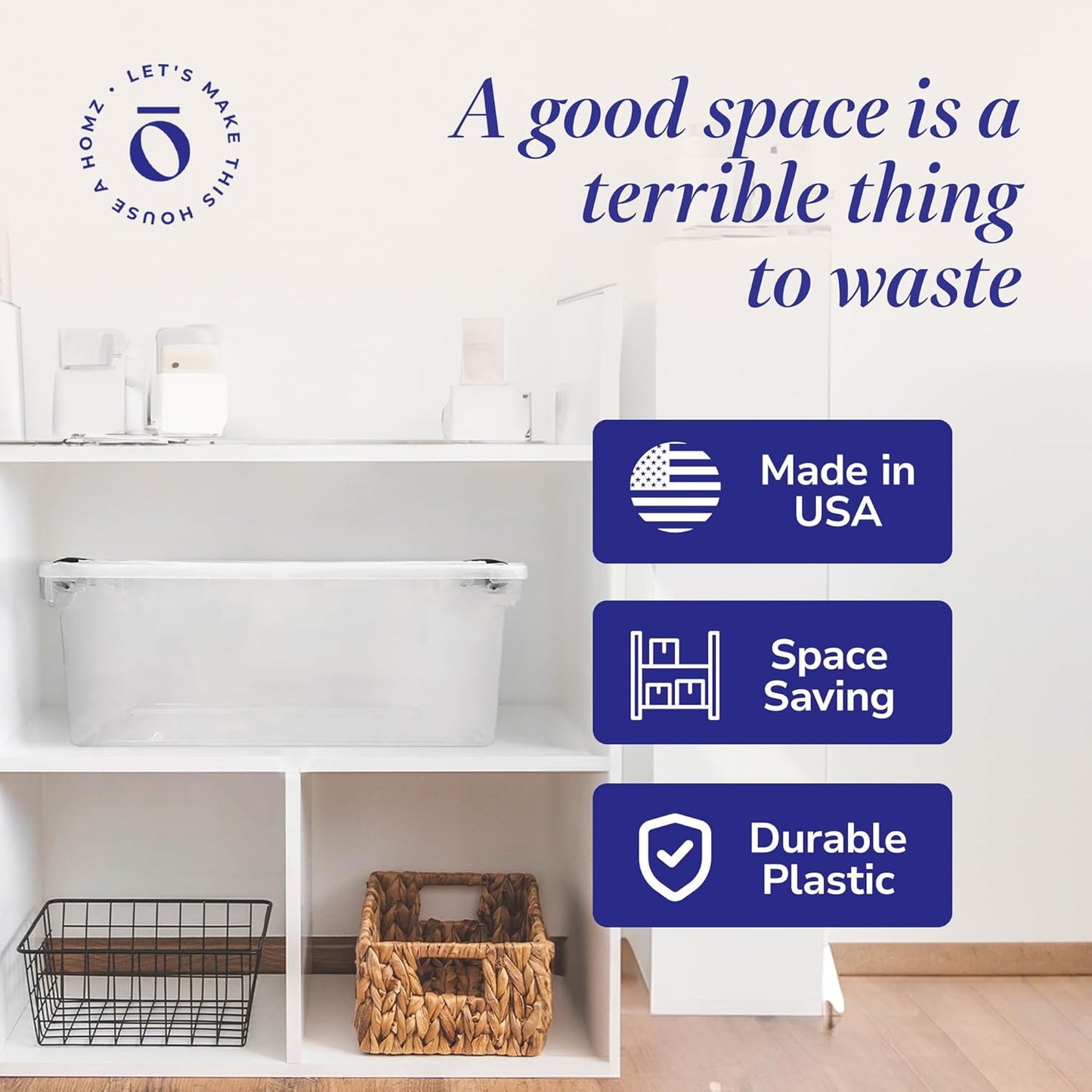 HOMZ 2-Pack Secure Latch, Clear Plastic Storage Organizer Bins, 64 Quart, Gray Latches - Stackable Container Boxes for Bedroom, Bathroom, Garage, and Office Organization