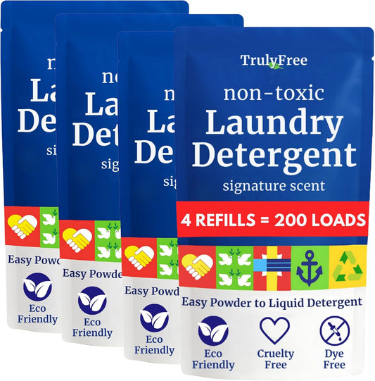 Truly Free Natural Laundry Detergent for Sensitive Skin | Eco Friendly, Plant Based, Baby Clothes Safe | Clean & Easy Powder to Liquid, 4 Pack Refill Detergent, NO Jug | Signature Scent, 200 Loads