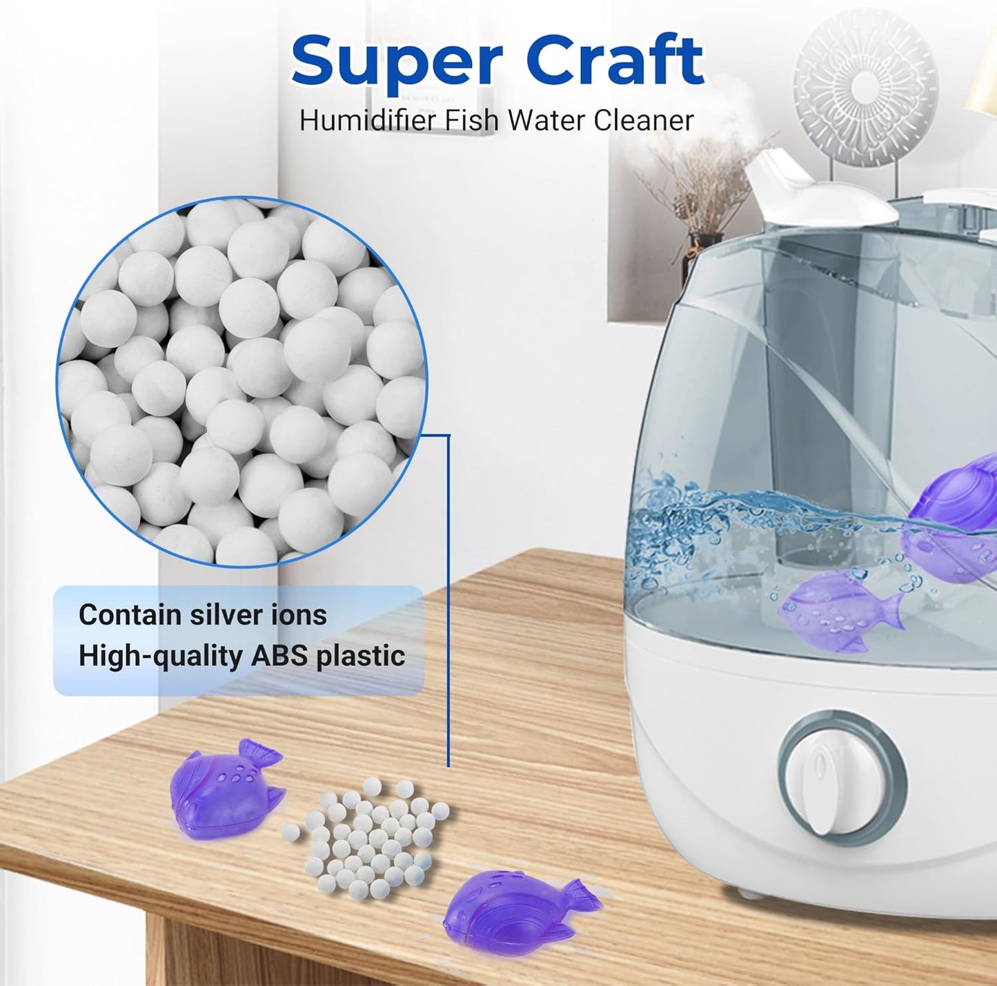 Funmit 12 Pack Universal Humidifier Cleaner Fish Compatible with Almost All Humidifiers and Fish Tanks, Equipped with Silver Ion Filter Balls, Prevents Hard Water Build-Up, Reduces Scale, Purple
