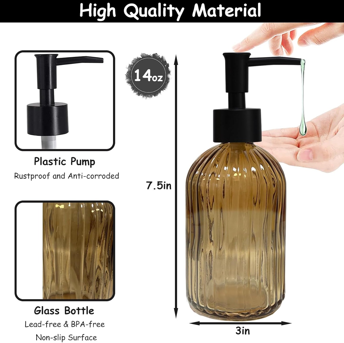 Black Pump Glass Soap Dispenser, 13.5oz Brown Stripe Countertop Refillable Liquid Bottle Hand Dish Lotion Dispenser with Plastic Pump, for Kitchen, Bathroom Countertop